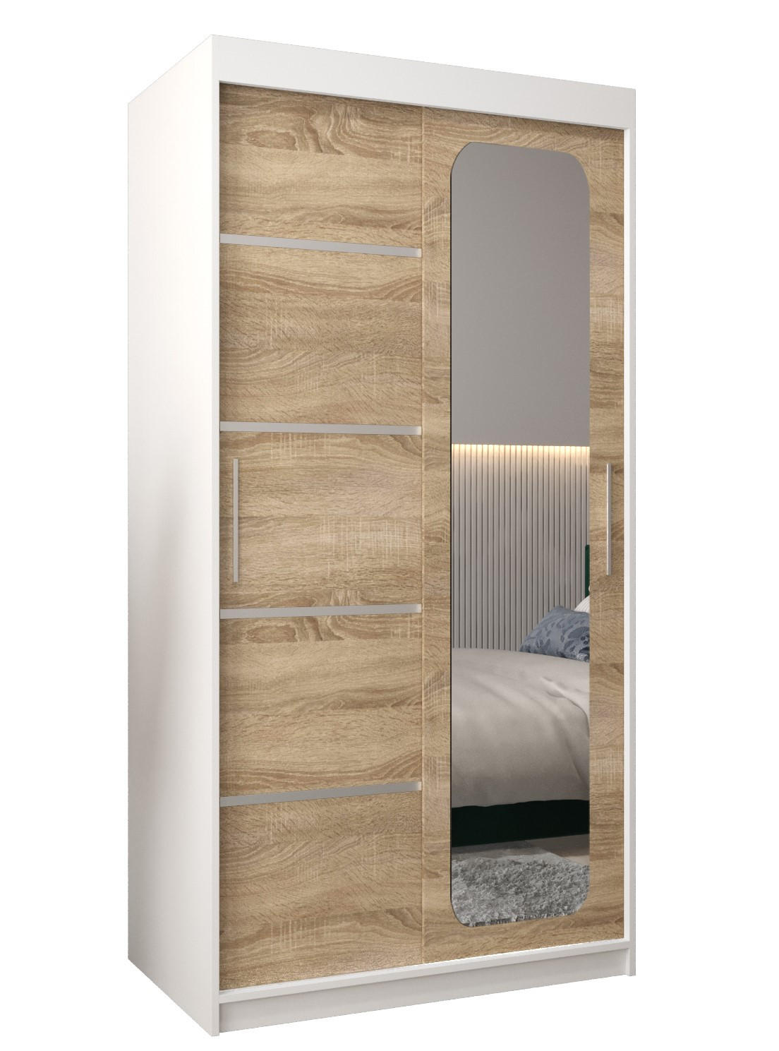 Abiks Möbel Schwebetürenschrank Weiß, Sonoma Eiche 100x200x62 cm