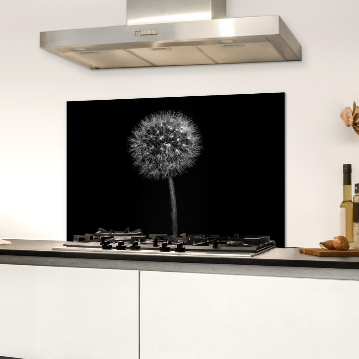 SPRITZSCHUTZ KÜCHE Löwenzahn - Schwarz - Floral - Botanisch 60x40 cm - Grau, Metall (60/0.3/40cm) - MuchoWow