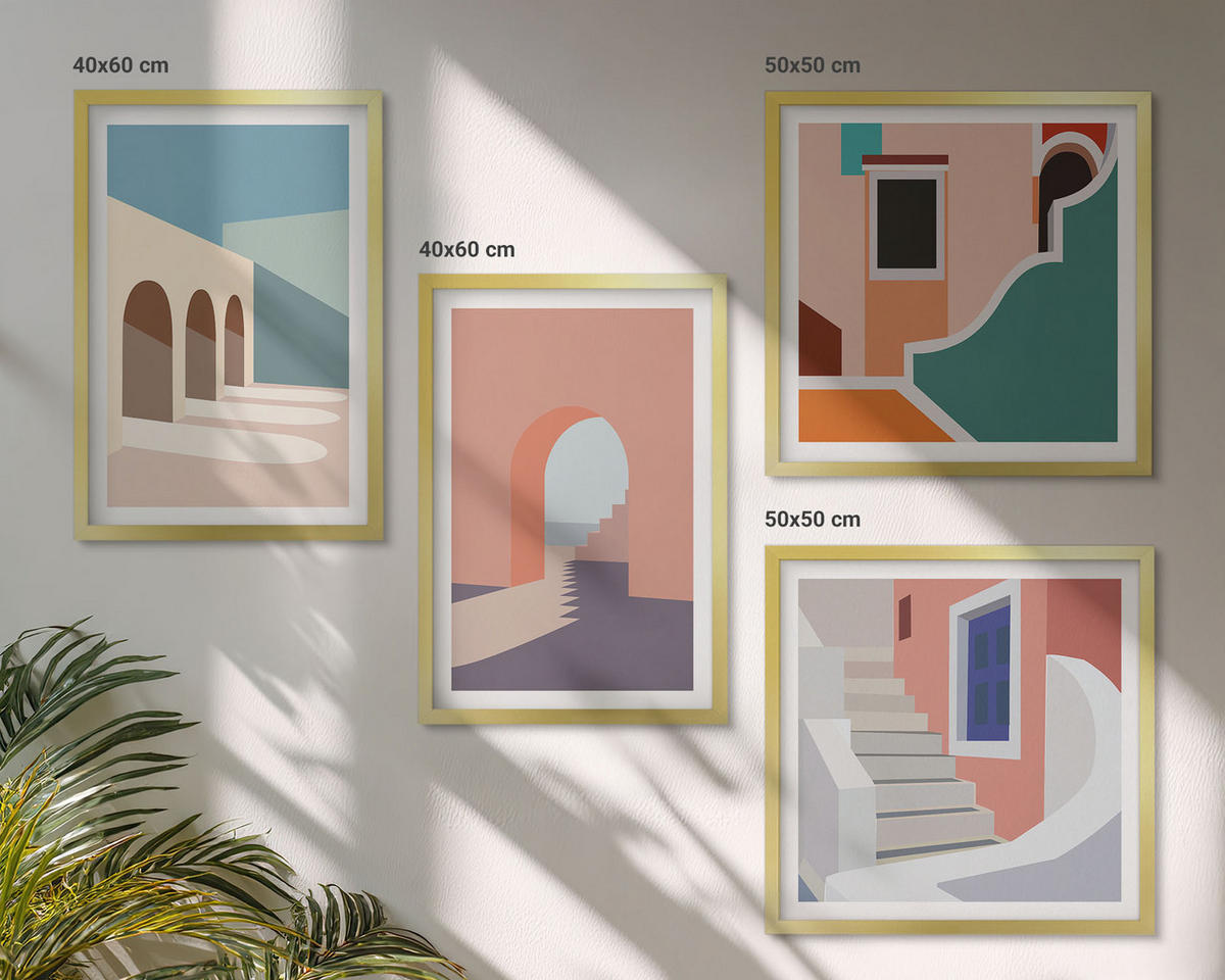 BILDER SET 4er Set - 50x50 cm & 40x60 cm Goldrahmen - Minimalistische Pastellgrafiken - Goldfarben, Kunststoff (50/50cm) - TULUP
