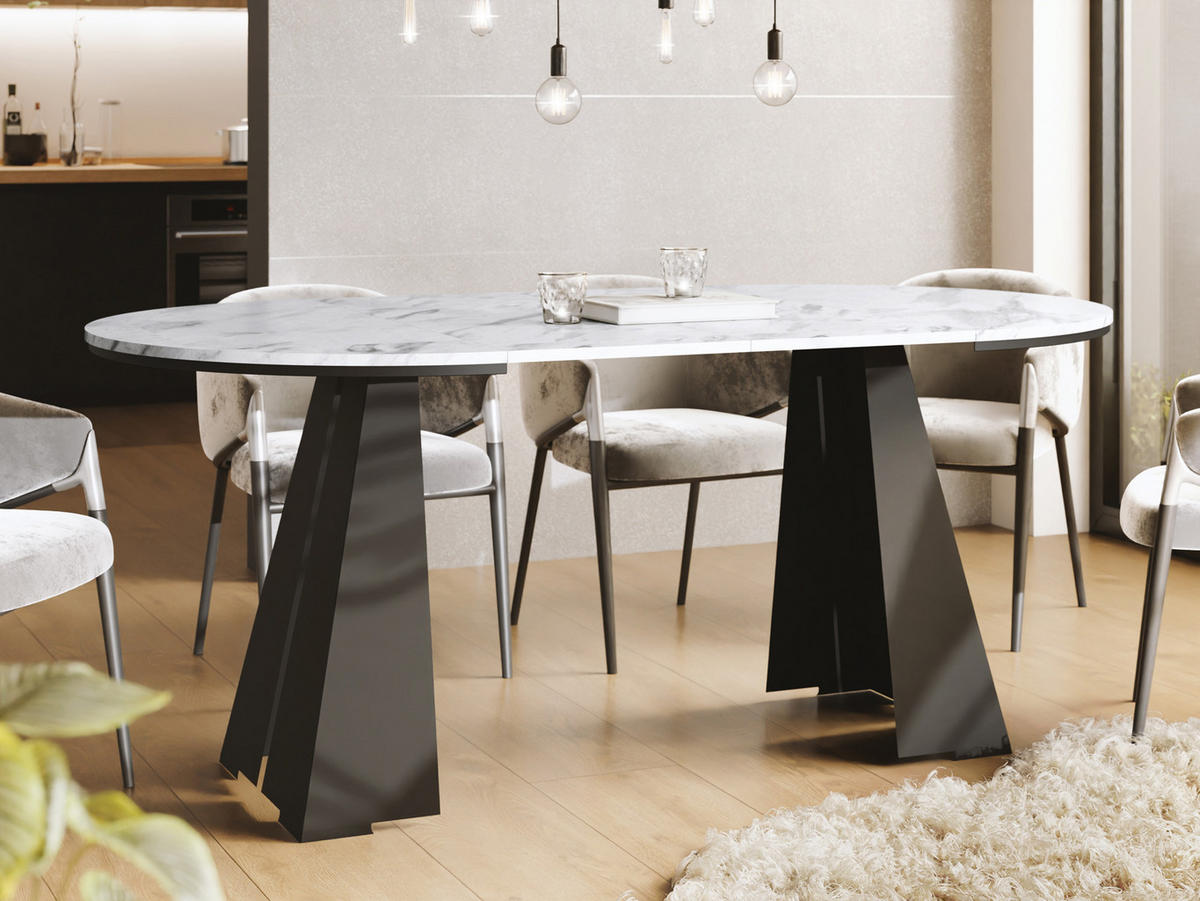 ESSTISCH Kova runder ausziehbarer, Marmor Weiß 120-200/120/76 cm - Ecru/Schwarz, Holzwerkstoff/Metall (120/120/76cm) - WFL GROUP