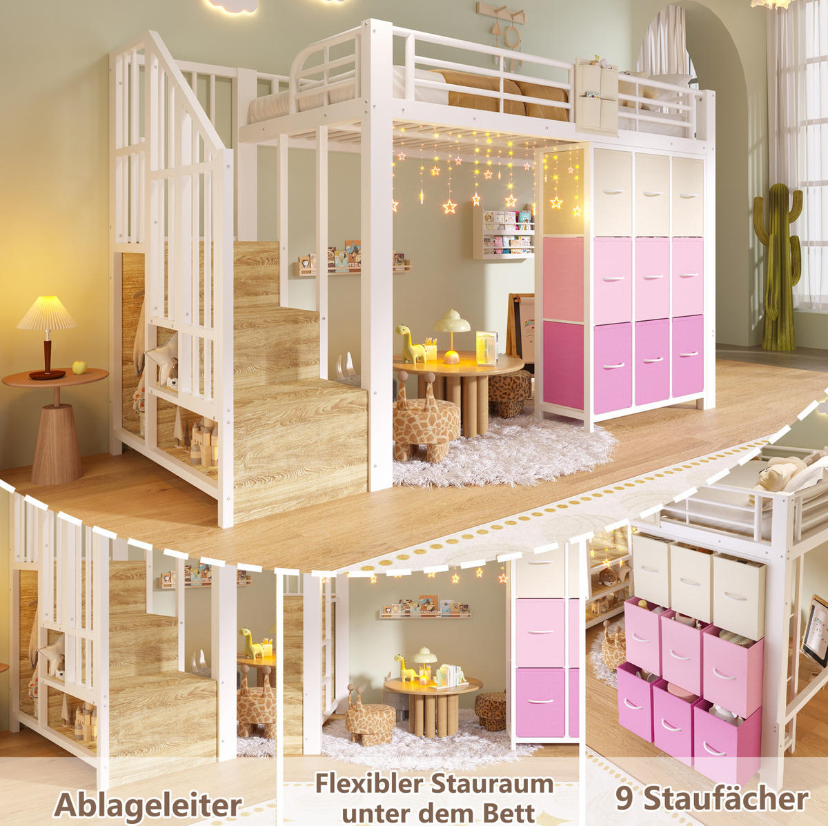 HOCHBETT aus MDF und Metall 90x200 cm Weiß mit Schubladen, Kleiderstange, Geländer und Stauraumtreppe - Weiß, Holzwerkstoff (90/200cm) - Modfu