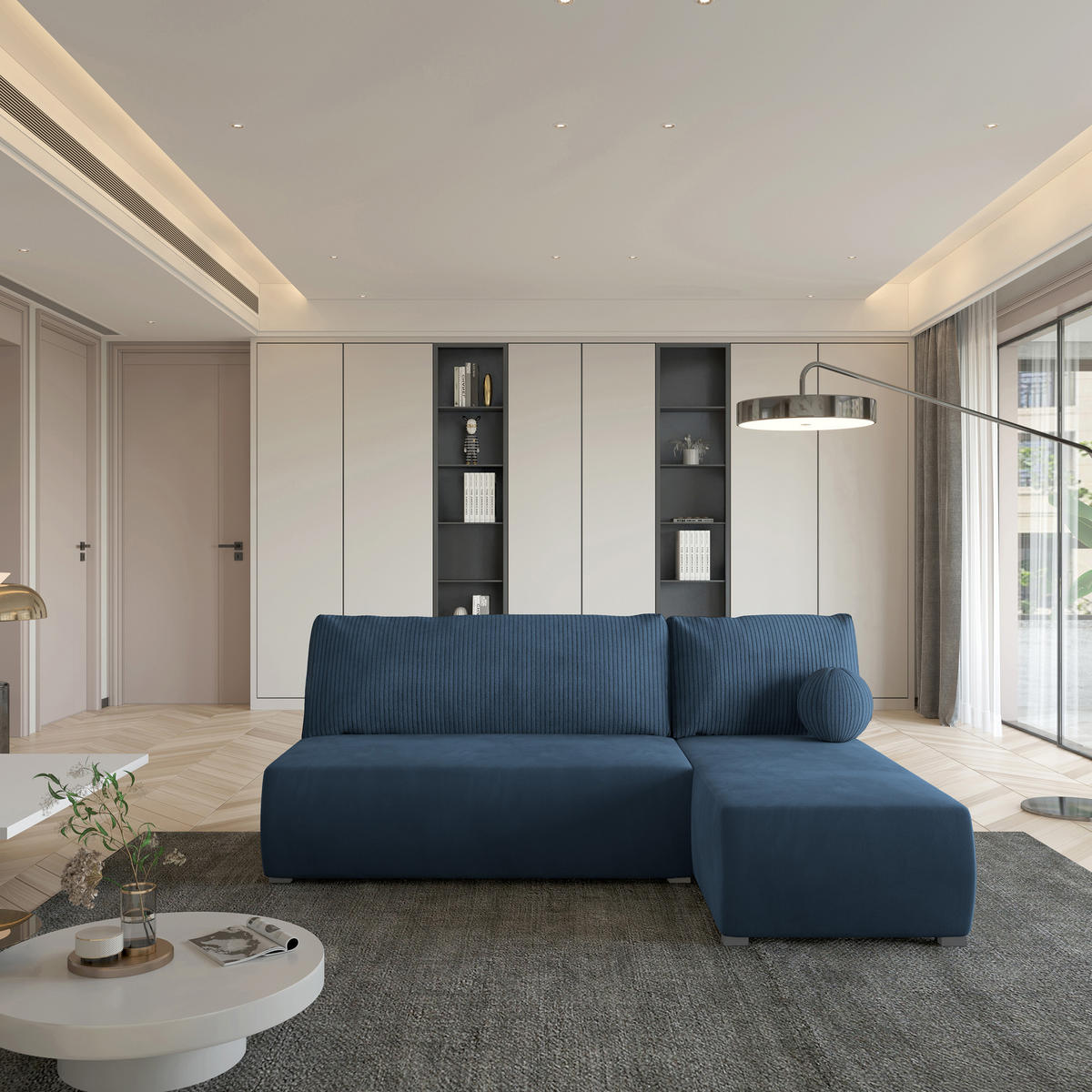 ECKSOFA PARVELO Blau Plüsch-Stoff mit Schlaffunktion - Blau, Holz (200/143cm) - MASSENO