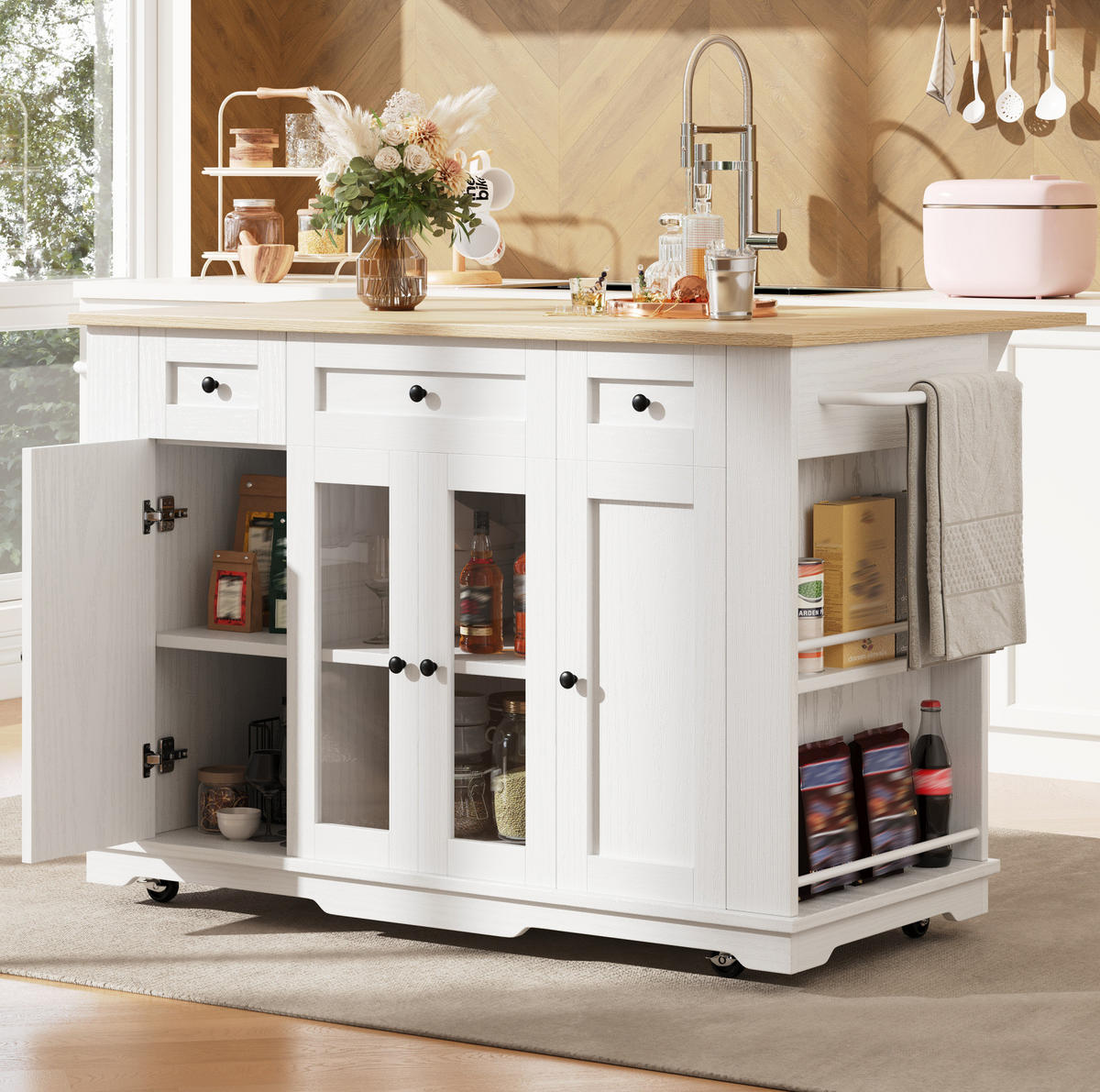 KÜCHENINSEL 151,5/60/91,7 cm Weiß/Natur aus MDF, Metall und Glas mit klappbarer Tischplatte - Weiß, Holzwerkstoff (60/91.7/151.5cm) - OKMYHOME