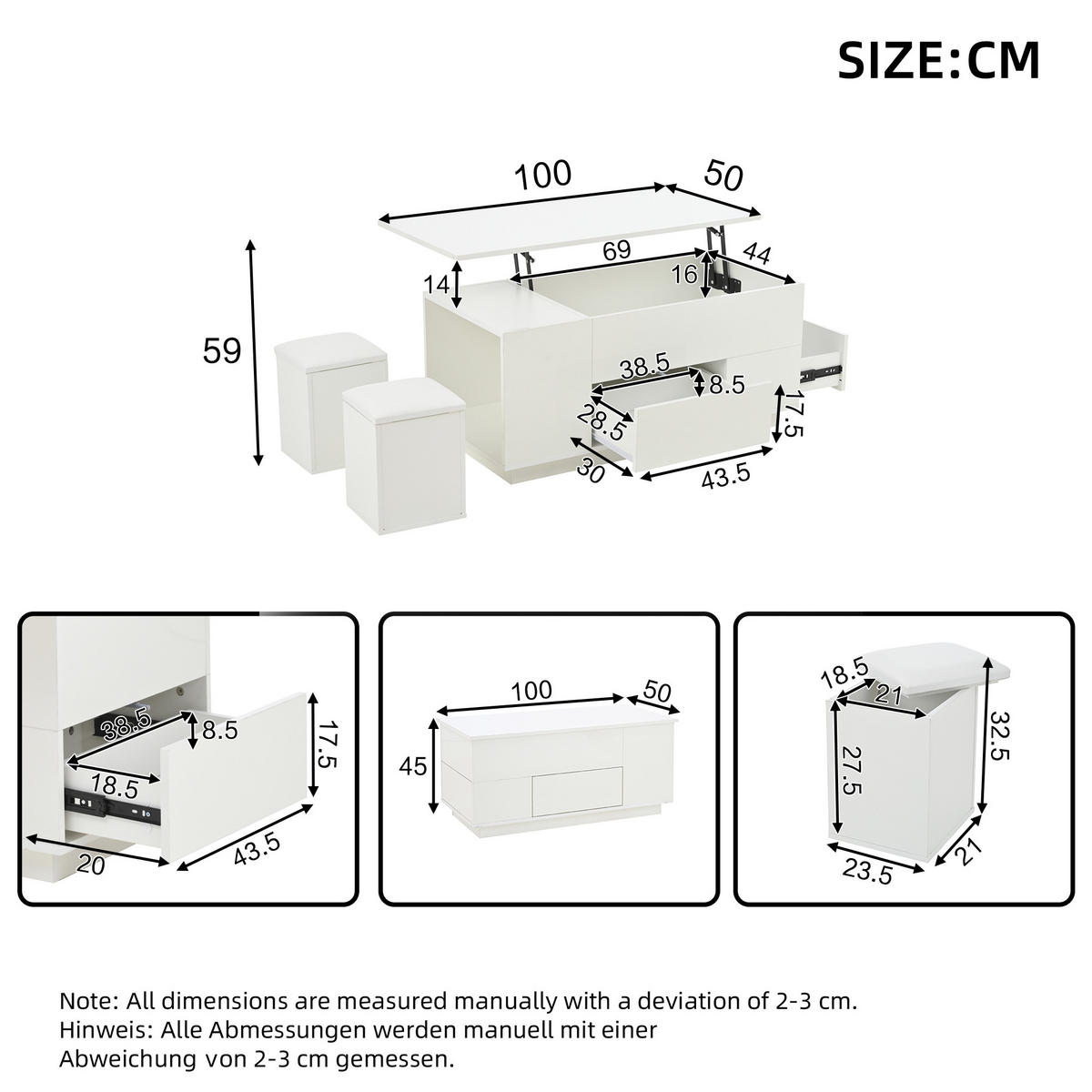 COUCHTISCH DE-042 Lift LED 3-tlg. Weiß - Weiß, Holzwerkstoff (50/100/45cm) - ComfortXL
