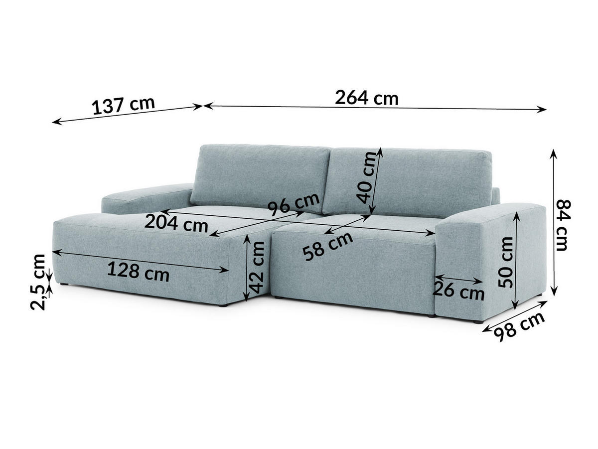 ECKSOFA Lennon aus Hellblau Strukturstoff mit Schlaffunktion und Bettkasten - Schwarz/Hellblau, Holz/Kunststoff (137/264cm) - S-Style