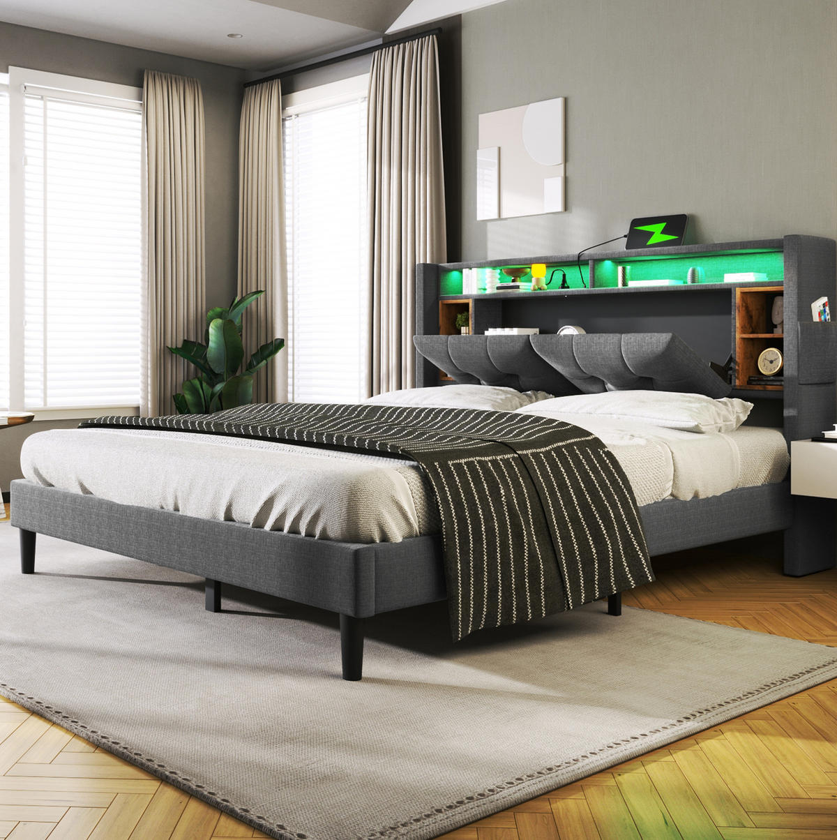 POLSTERBETT 160x200 cm in Grau mit Stauraum-Kopfteil, LED und USB-Ladestation - Grau, Holz (160/200cm) - IVMEU