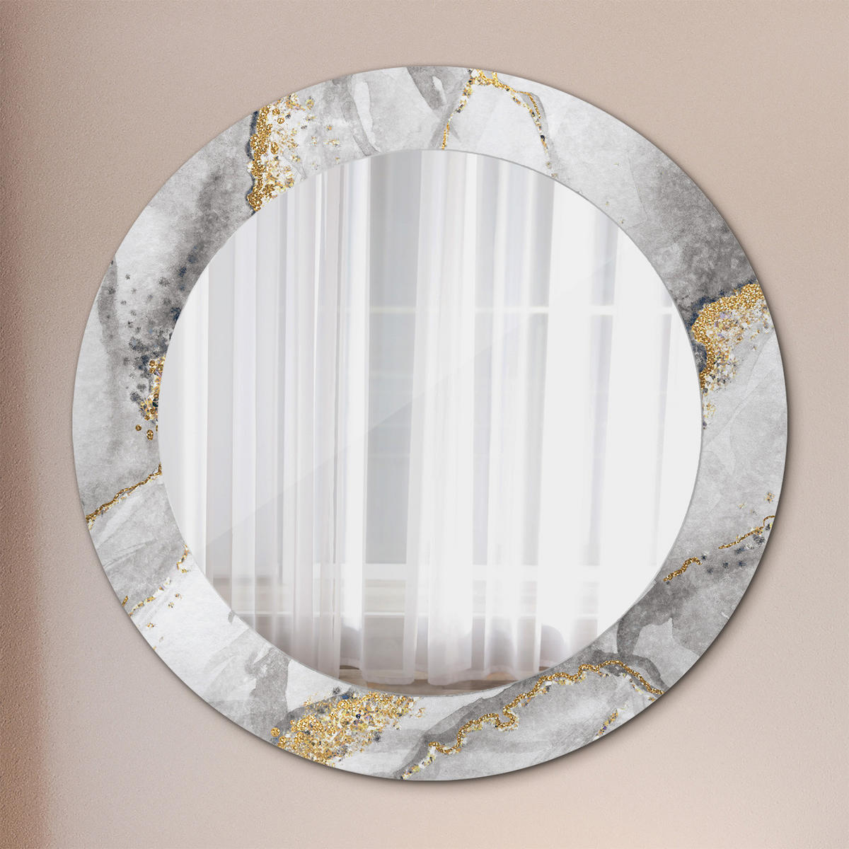 SPIEGEL Ø60 cm Rund mit Aufdruck - Goldfarben/Hellgrau, Glas (60/60/0.4cm) - TULUP
