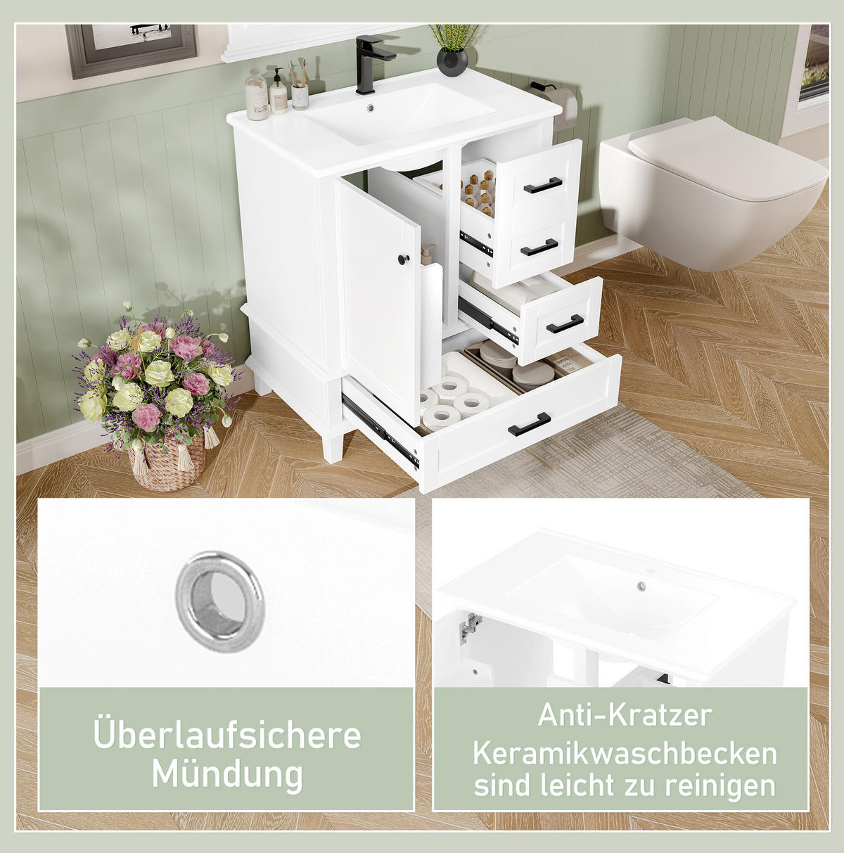 WASCHTISCHKOMBI 76/46/83,5 cm Weiß aus MDF und Keramik mit integriertem Keramikbecken - Weiß, Holzwerkstoff (76/83.5/46cm) - OKMYHOME