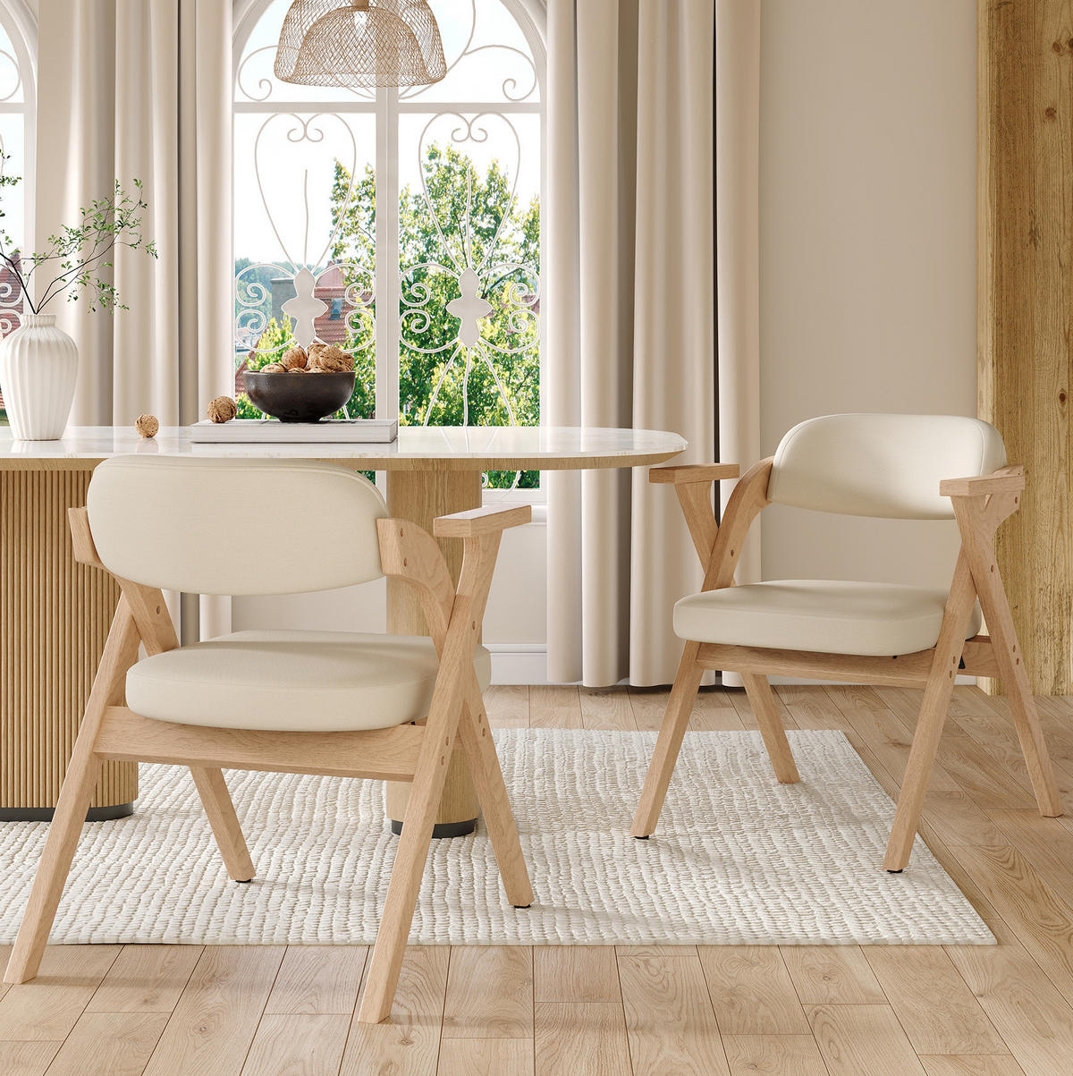 KLAPPSTUHL 6er-Set mit Armlehnen Massivholz Leinen Beige - Beige, Holz (66.5/76/64.51cm) - Meubliv