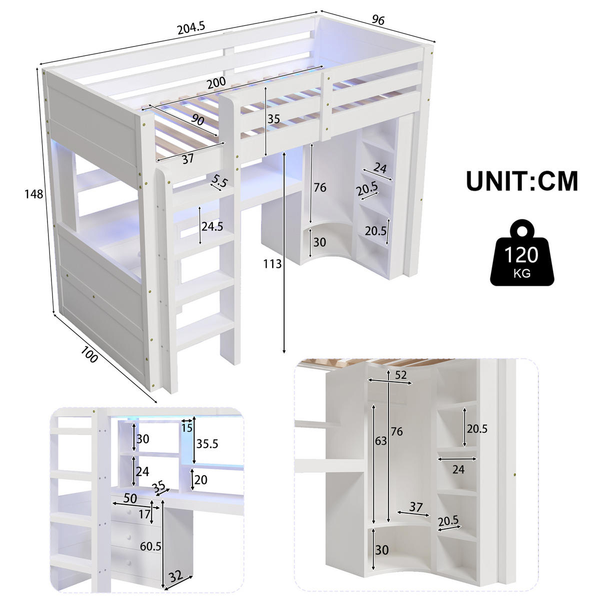 HOCHBETT 90/200 cm in Weiß mit LED-Beleuchtung, Schreibtisch und Kleiderschrank - Weiß, Holzwerkstoff (90/200cm) - Flora Grace