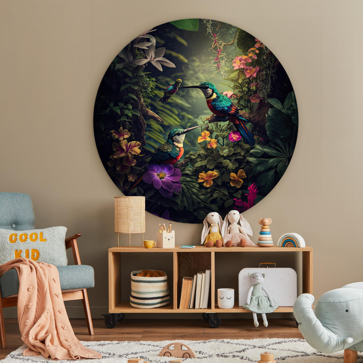 OKRUGLA ZIDNA SLIKA Konj u cvjetnoj šumi 120x120 cm - boje petroleja, plastika (120/120cm) - MuchoWow