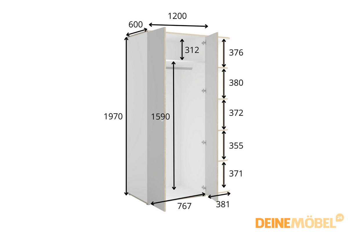 KINDERKLEIDERSCHRANK PAXO 120/196,5/60 in Weiß / Grau / Eiche - Eichefarben/Weiß, Holzwerkstoff (120/197/60cm) - Deine Möbel 24