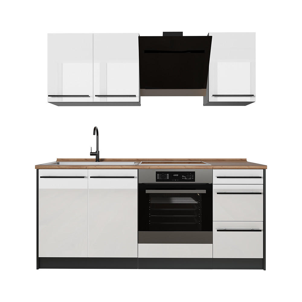 SINGLEKÜCHE R-Line, Weiß Hochglanz/Anthrazit, 180 cm Arbeitsplatte Goldkraft Eiche - Weiß Hochglanz/Anthrazit, Holzwerkstoff (180/206.8/60cm) - Vicco
