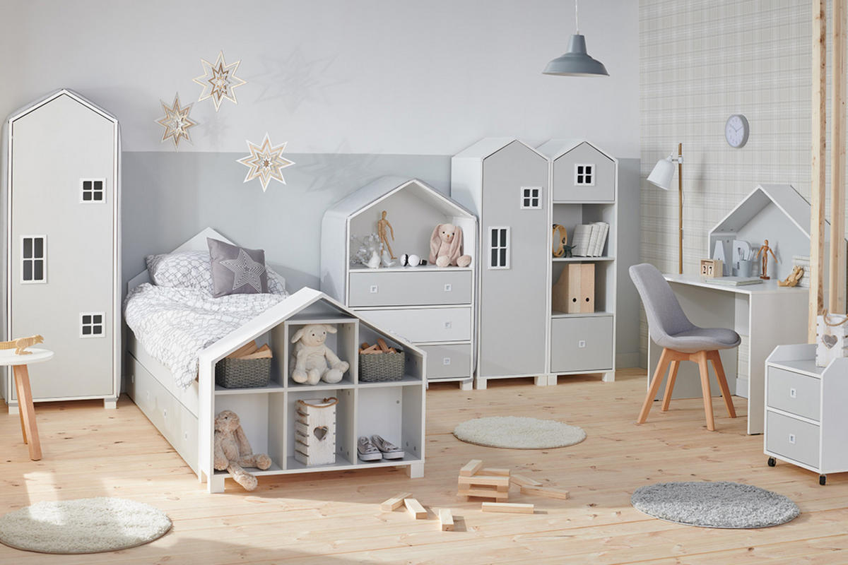 HAUSBETT MIRUM für Kinder, Weiß/Grau - Weiß/Grau, Holz (200/90cm) - KONSIMO®