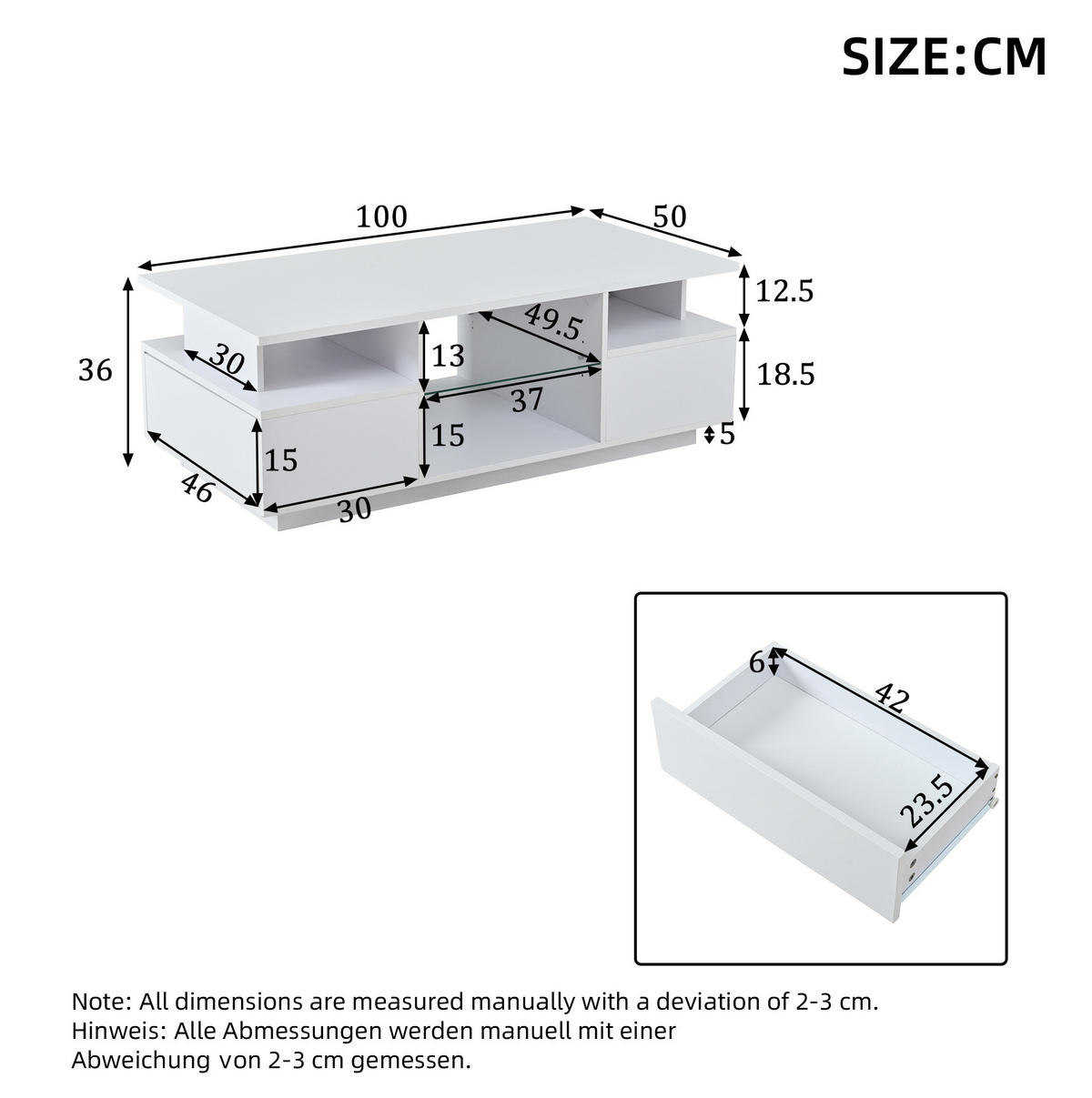 COUCHTISCH 100/50/36 cm Weiß aus Spanplatte mit 2 Schubladen und LED-Beleuchtung - Weiß, Holzwerkstoff (100/50/36cm) - OKMYHOME