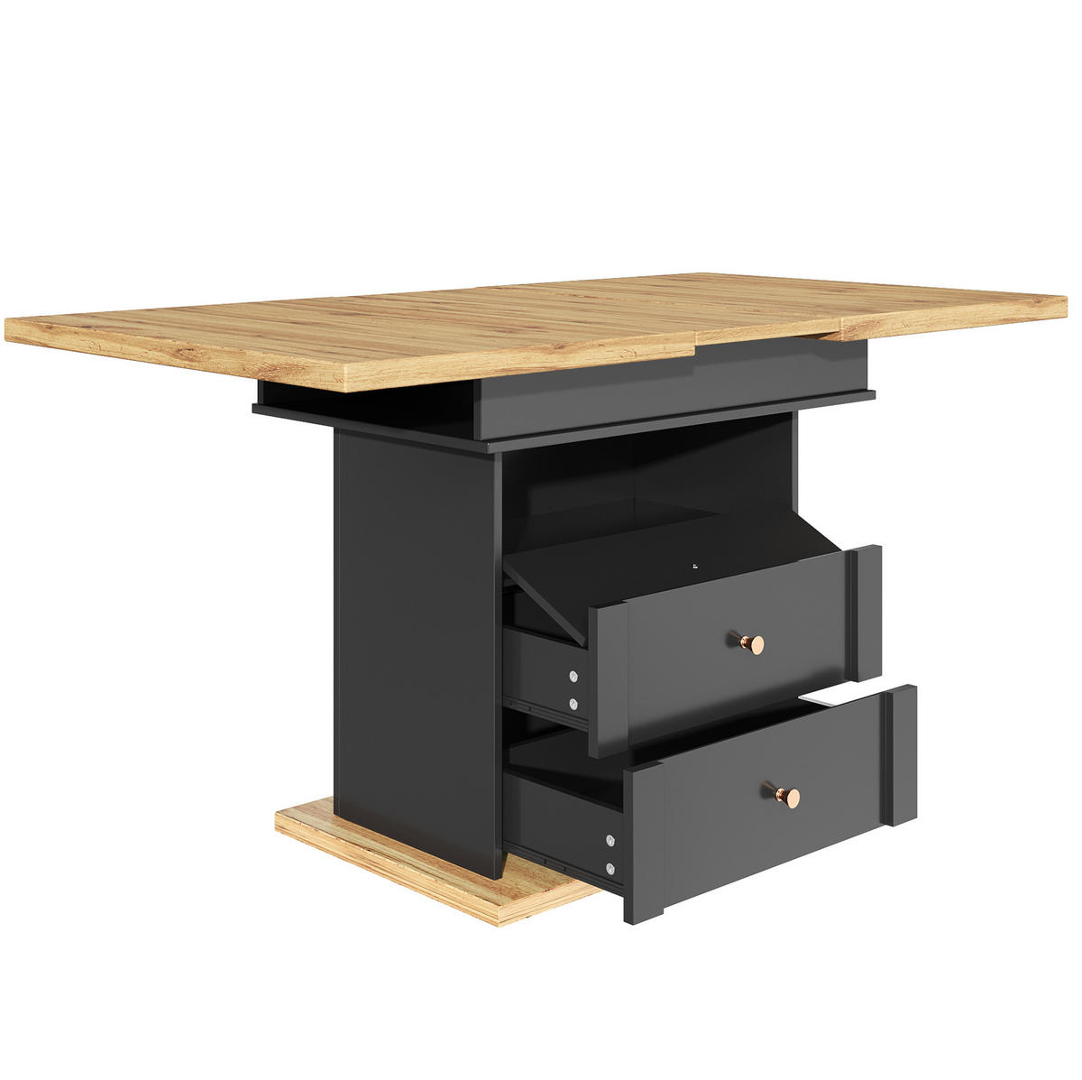 ESSTISCH aus MDF 110-140x80x75 cm Schwarz/Natur ausziehbar mit Stauraum und magnetischer Klapptür - Schwarz, Holzwerkstoff (110/80/75cm) - Modfu