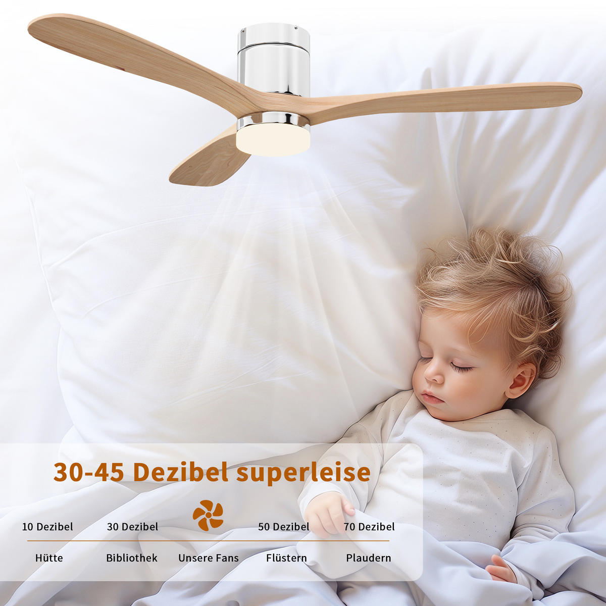 DECKENVENTILATOR mit LED-Licht, 132 cm, Holzflügel, 6 Stufen & Timer - Naturfarben, Metall (132/132/28cm) - EuroLiving
