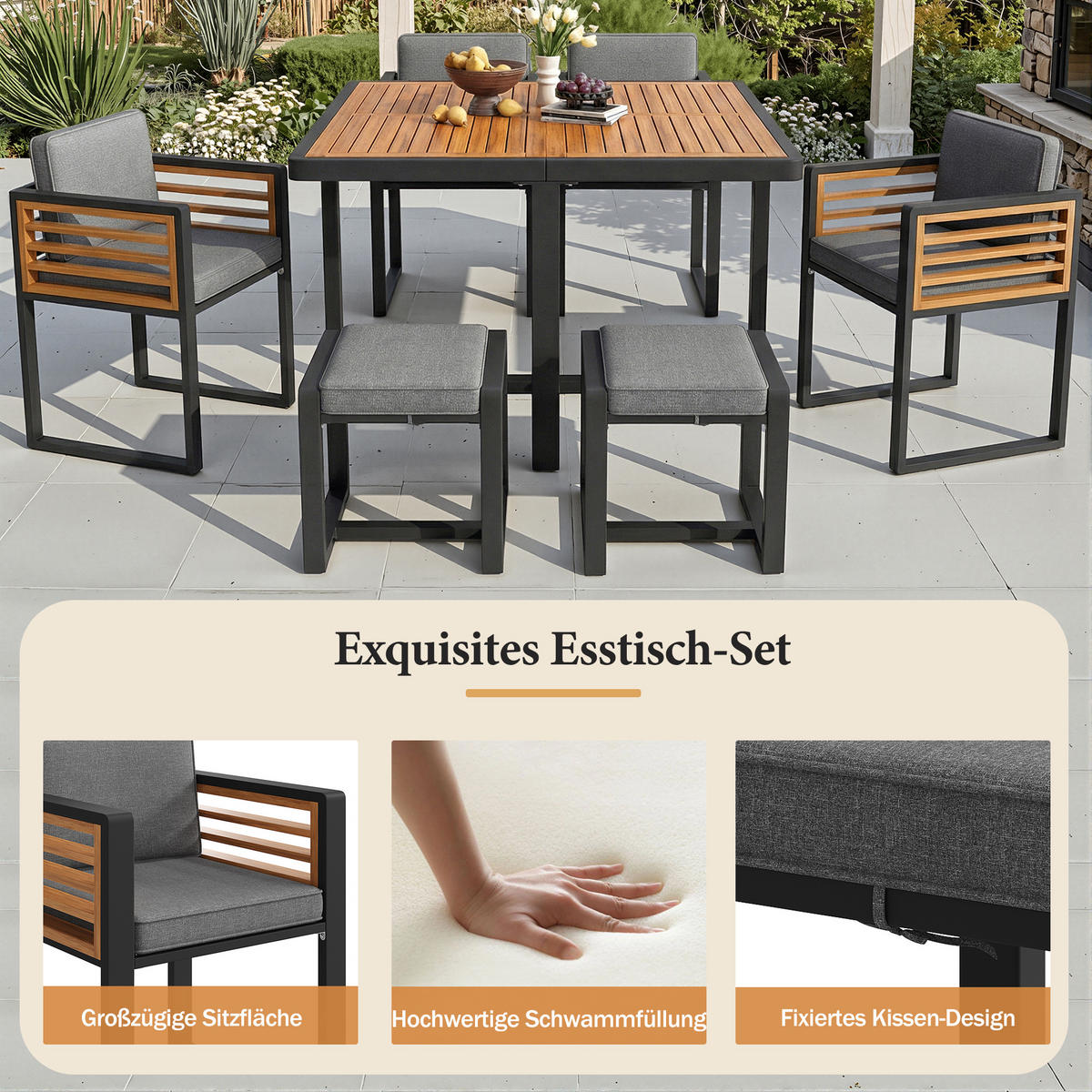 GARTENMÖBEL-SET Modernes 7-tlg. Natur/Beige - Grau, Holz - ComfortXL