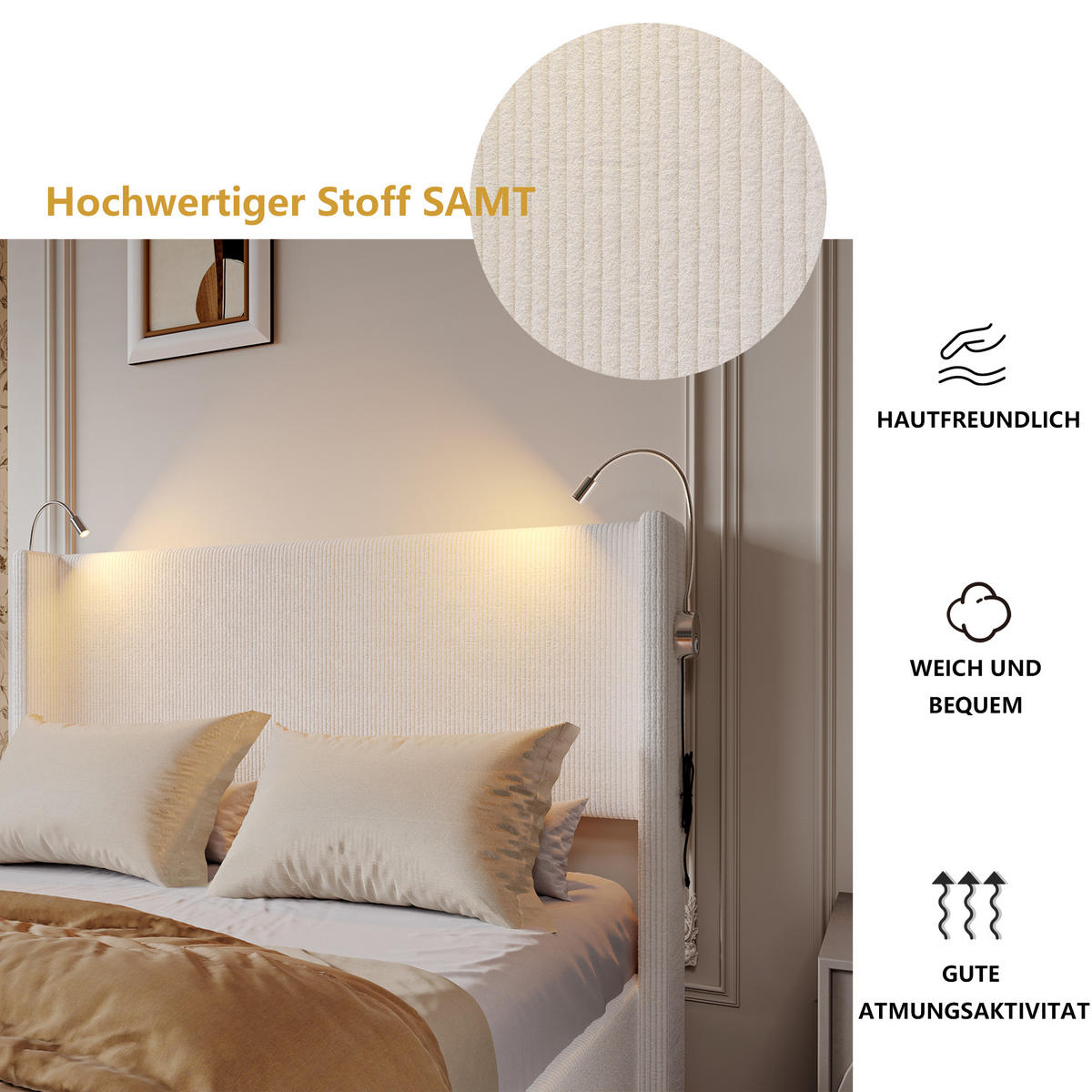 POLSTERBETT 140x200 cm, Beige, Leselichte - Beige, Textil/Metall (140/200cm)