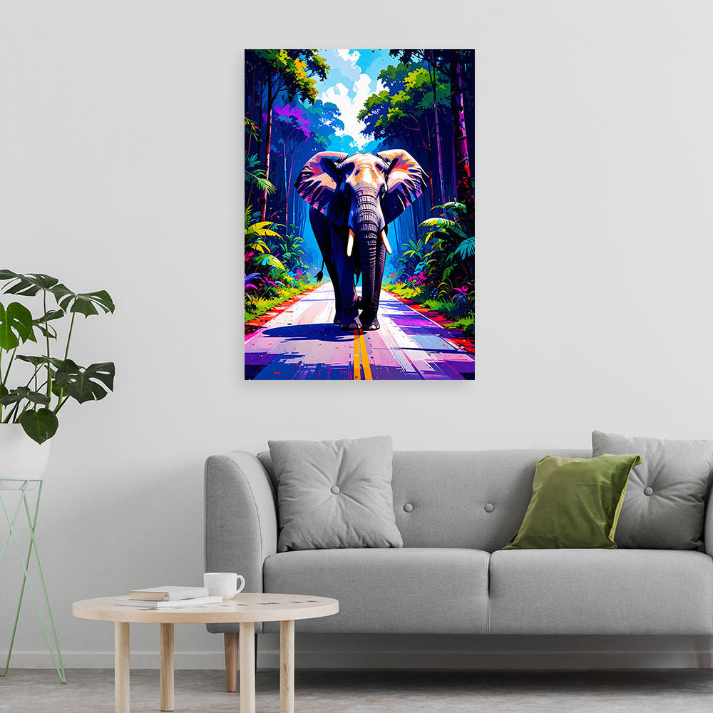 LEINWANDBILD Elefant auf der Straße Dschungel 70x100cm - Multicolor, Textil (70/100cm) - Feeby