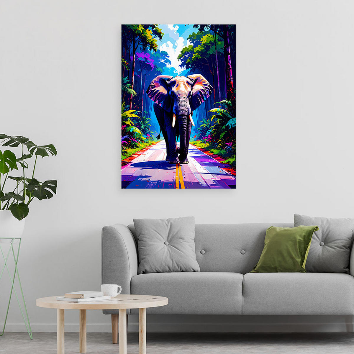 LEINWANDBILD Elefant auf der Straße Dschungel 70x100cm - Multicolor, Textil (70/100cm) - Feeby