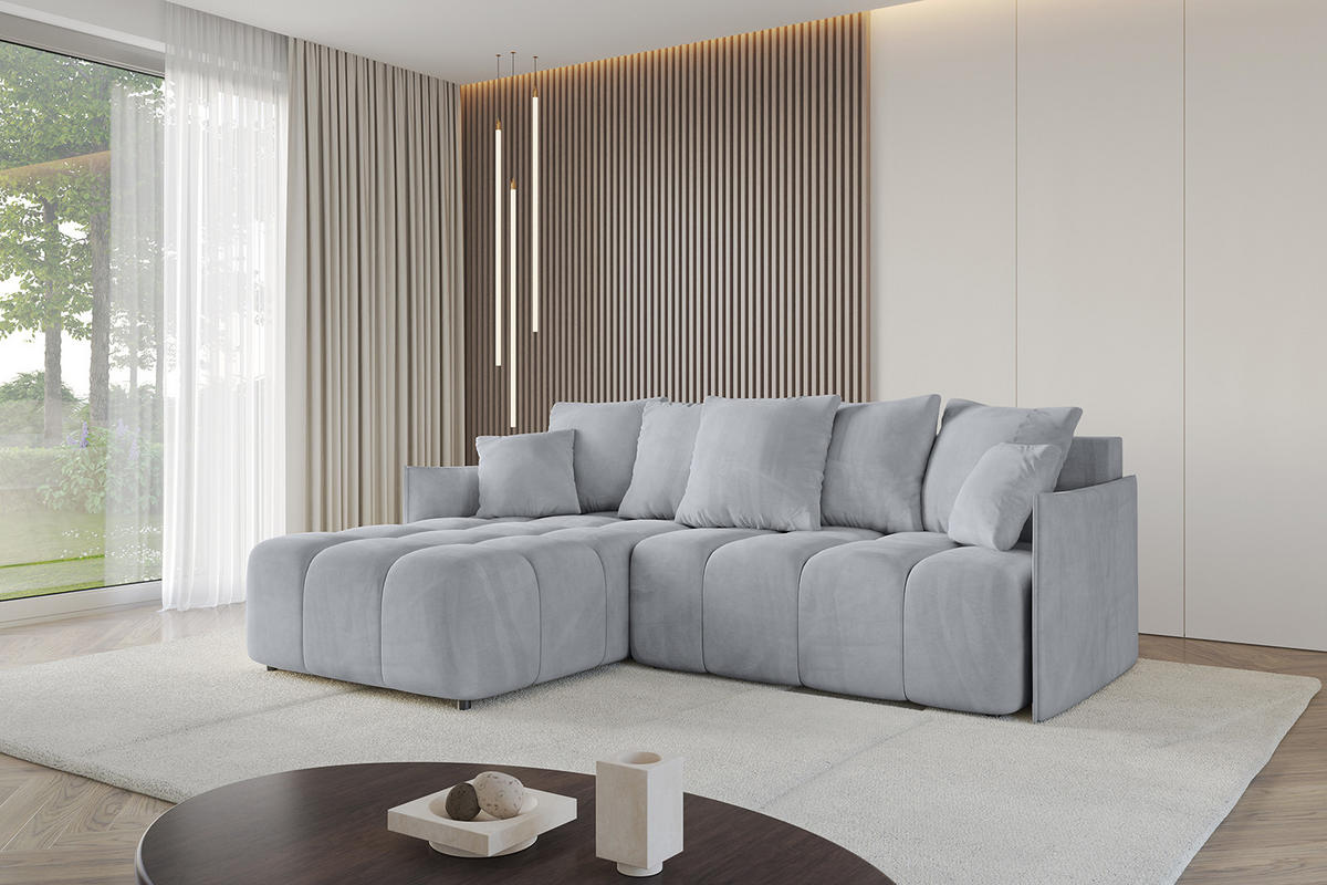 ECKSOFA mit Schlaffunktion und Bettkasten LONLI-L 242x175x88 Hellgrau Velours - Hellgrau, Holzwerkstoff/Kunststoff (242/175cm) - ALTDECOR