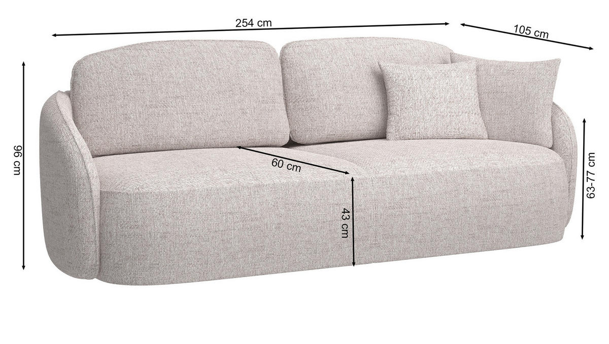 3-SITZER-SOFA Savoy Cremeweiß mit Schlaffunktion - Creme/Schwarz, Kunststoff/Textil (254/96/105cm) - Selsey