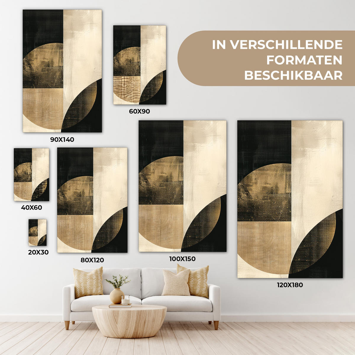 LEINWANDBILD Abstrakt - Geometrische Formen - Schwarz - Gold Wanddeko 40x60 cm - Ecru, Textil (40/60cm) - MuchoWow