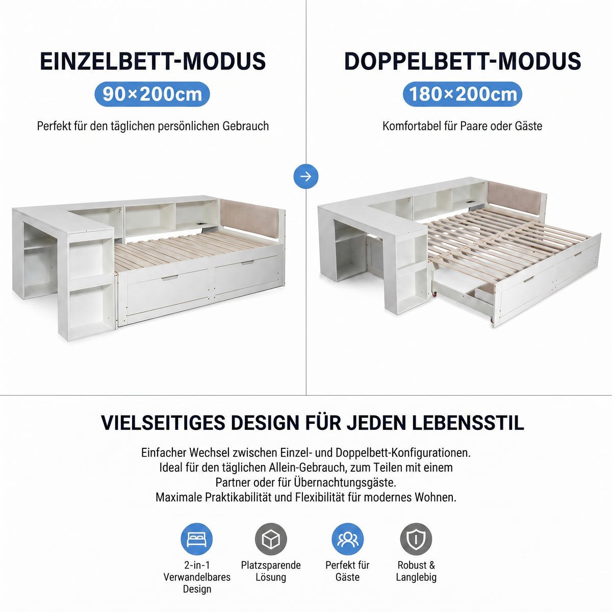 BETTANLAGE 90/200 cm in Mattweiß mit Schreibtisch, Schubladen und Steckdose - Weiß, Holzwerkstoff/Metall (90/200cm) - WISHDOR
