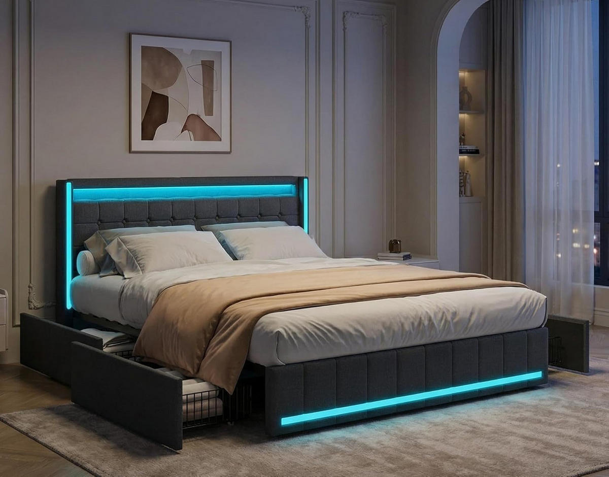 POLSTERBETT 140x190 cm Dunkelgrau Leinen LED USB 4 Schubladen - Grau, Holz (140/200cm) - SHOPENTRA
