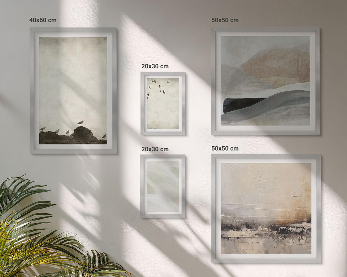 BILDER SET 5er Set - 50x50 cm & 20x30 cm & 40x60 cm Silberner Rahmen - Vögel, Steine, Pinselstriche, Verzierungen - Silberfarben, Kunststoff (40/60cm) - TULUP