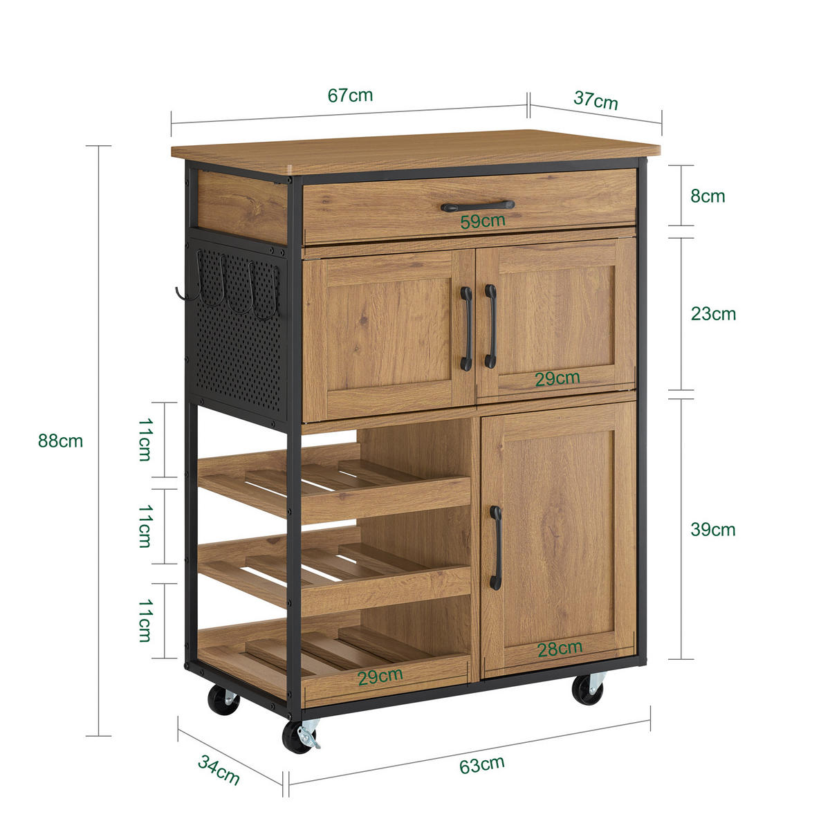 KÜCHENWAGEN mit Arbeitsplatte, Vintagebraun, 67x88x37cm - Naturfarben, Holzwerkstoff (67/88/37cm) - SoBuy