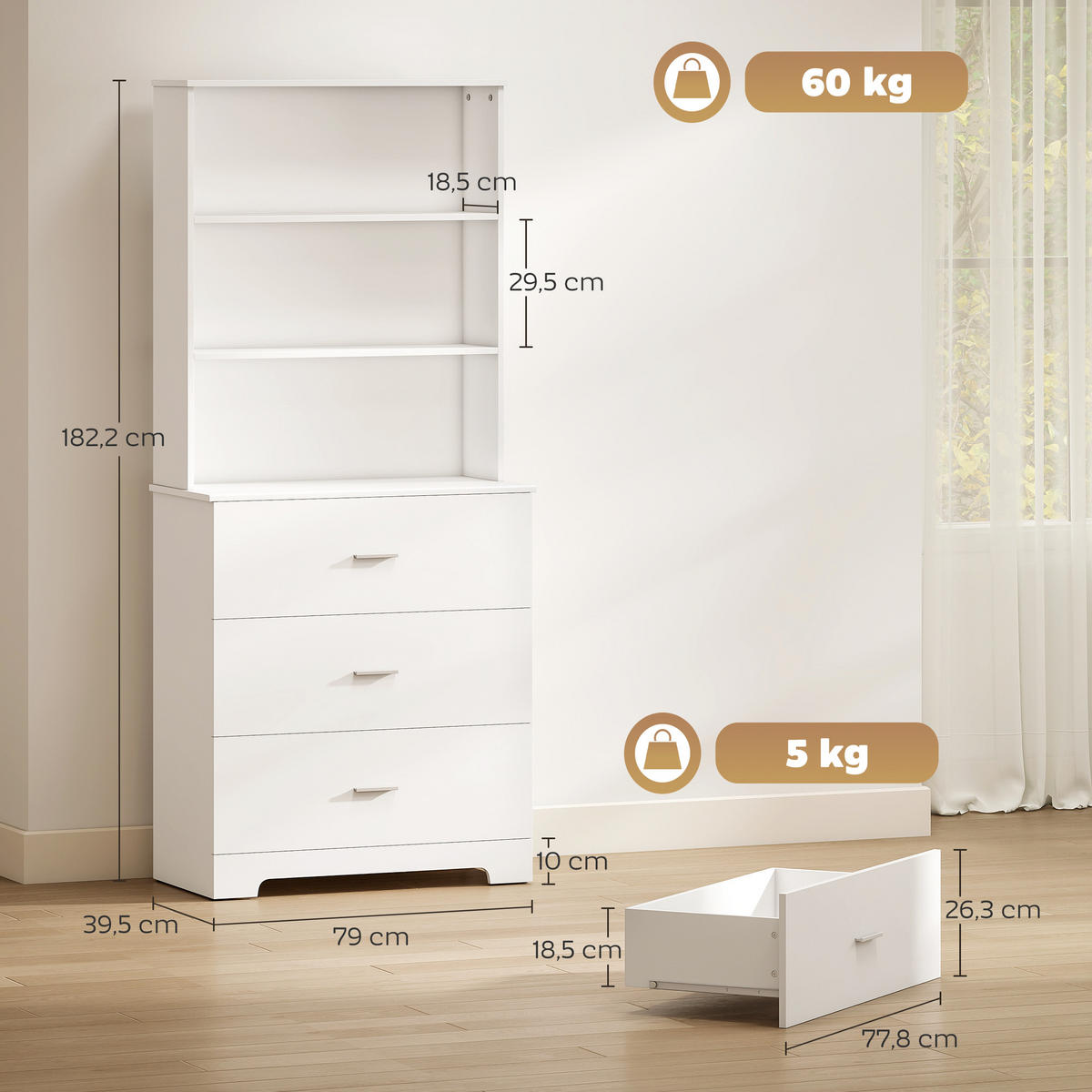 AKTENREGAL DE-14492 3 offene Ebenen + 3 Schubladen Weiß - Weiß, Holzwerkstoff (39.5/182.2/79cm) - ComfortXL