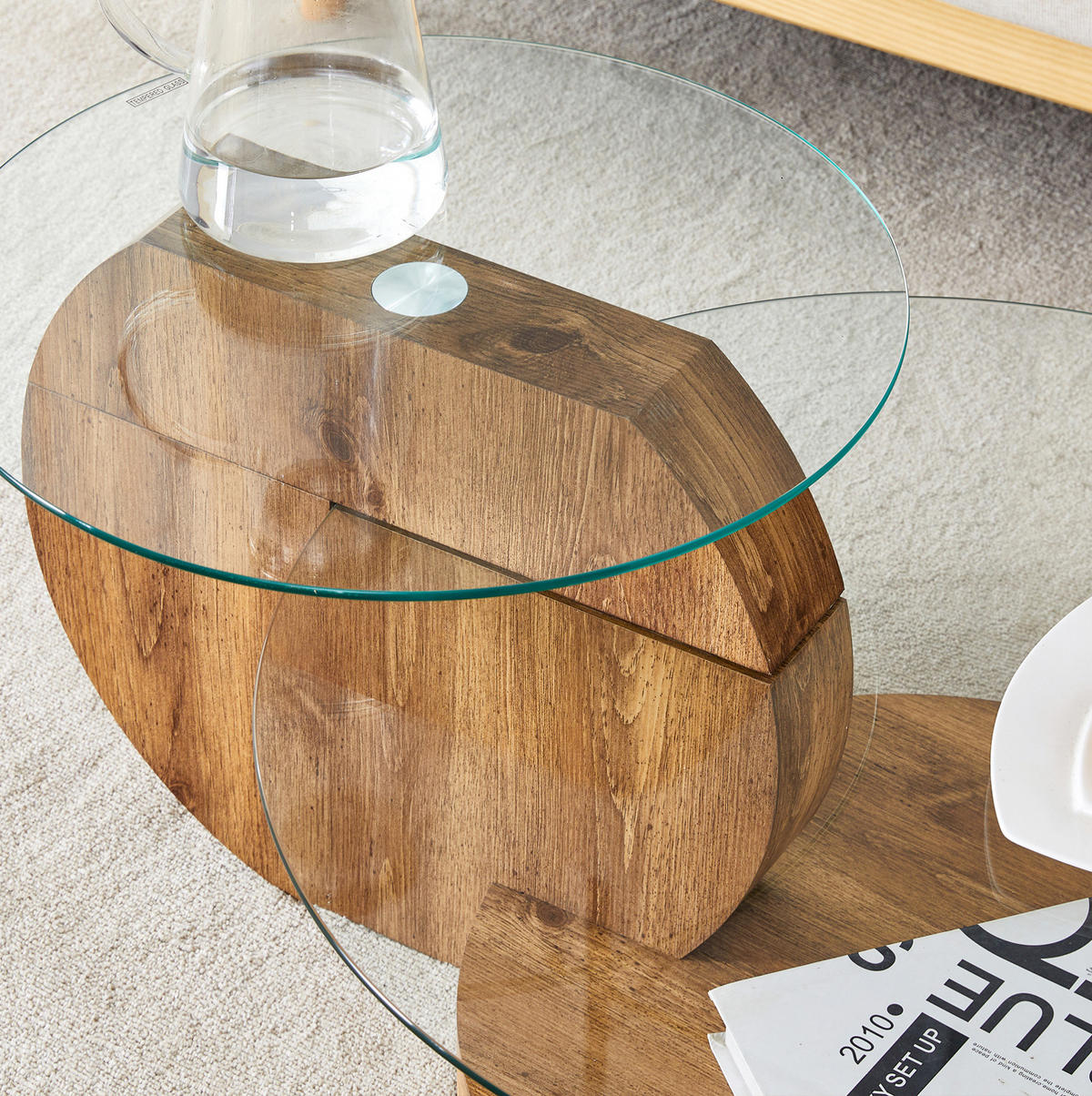 COUCHTISCH mit Ablage 69,8 cm aus Glas und MDF in Transparent/Holzoptik - Transparent, Holzwerkstoff (69.8/69.8/49.8cm) - BEAOK