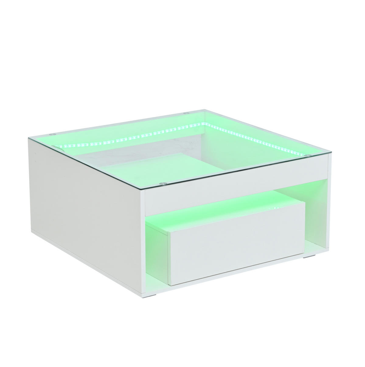 KLUBSKI stolić 70/70/35 cm bijeli od MDF-a i kaljenog stakla s LED rasvjetom i 2 ladice - bijela, drvni materijal (70/70/35cm) - OKWISH