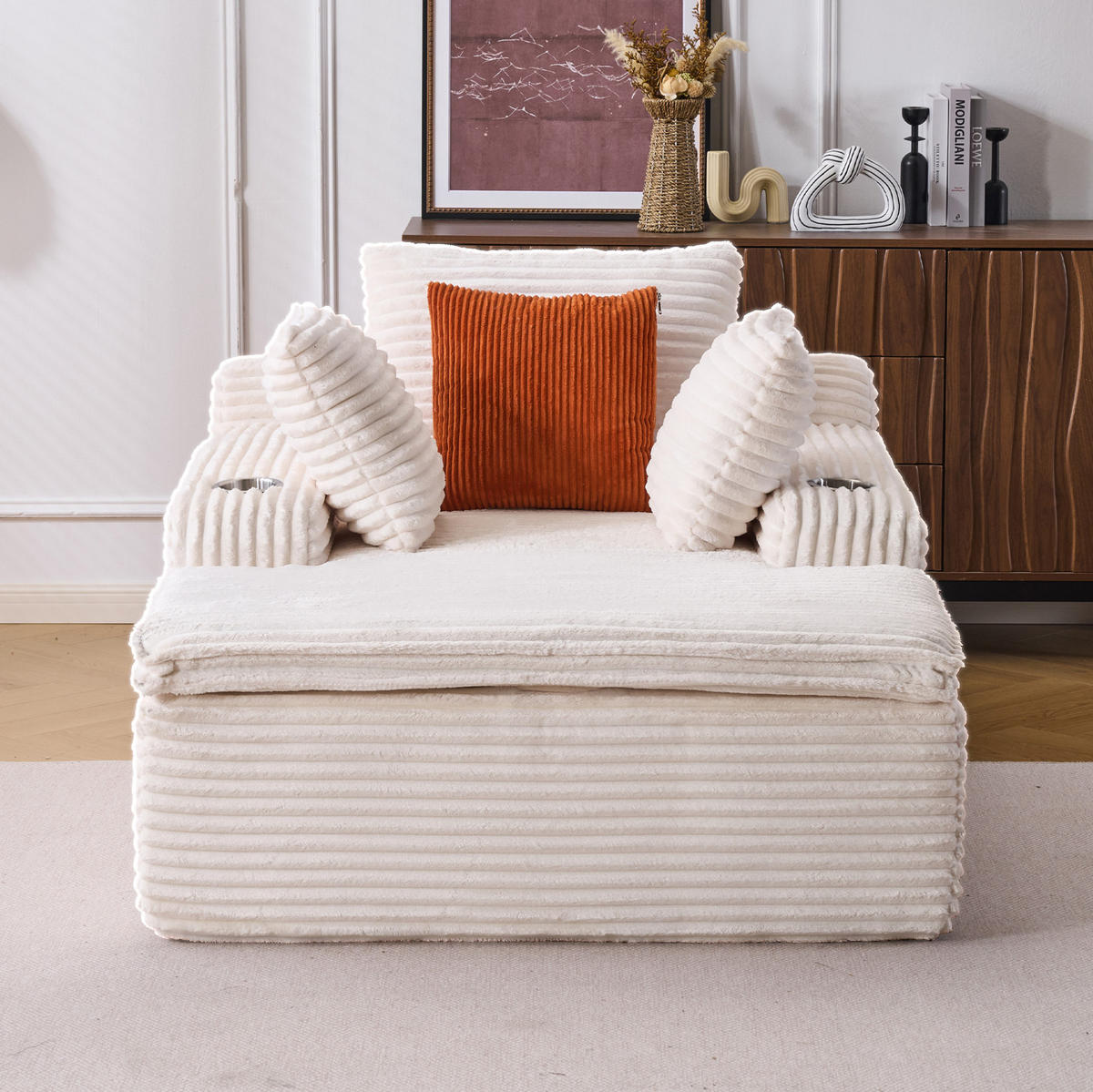 SOFA mit Schlaffunktion, Chaise Lounge, 3 Kissen, Beige, Cordstoff - Beige, Kunststoff (112/63/165cm) - Meubliv