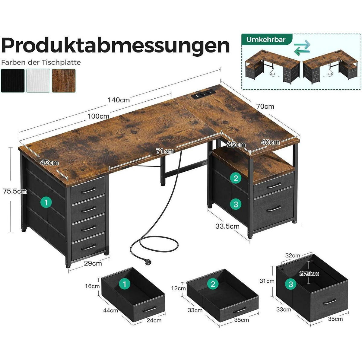 ECKSCHREIBTISCH L-Form Braun 140x70cm - Braun, Holzwerkstoff (140/70/75.2cm)