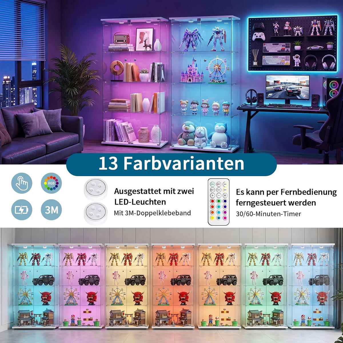 GLASVITRINE LED Schwarz mit 2 Tür 4 Etagen mit Schloss,80.49x36.49x163.9cm - Schwarz, Glas (36.49/163.9/80.49cm) - BPKADHY