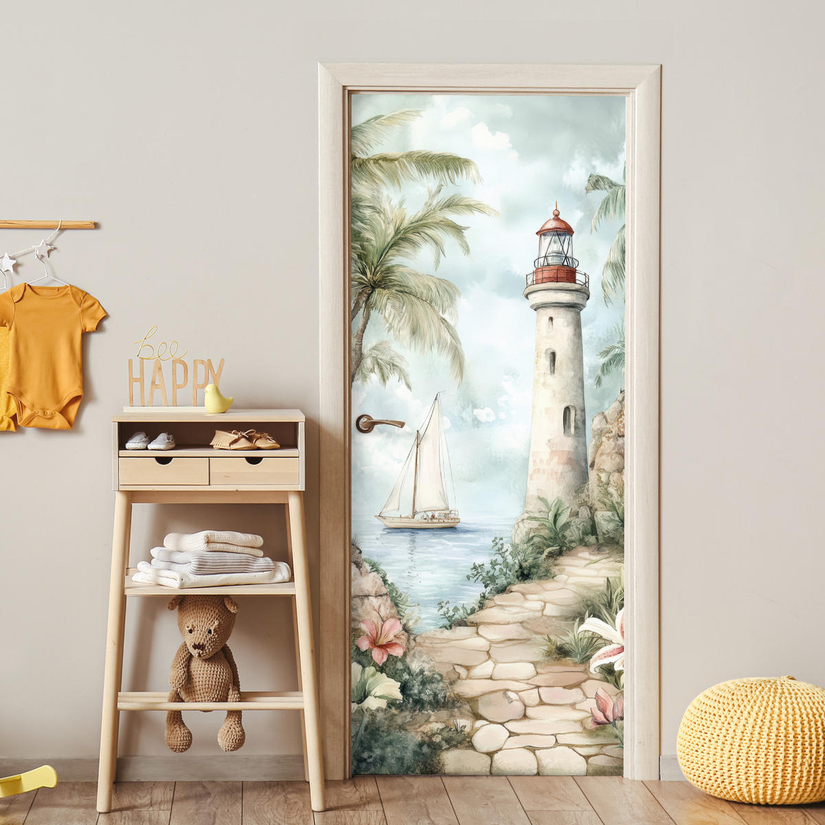 FOTOTAPETE Tür - Leuchtturm - Natur - Landschaft - Boot 75x205 cm - Eichefarben, Kunststoff (75/0.1cm) - MuchoWow