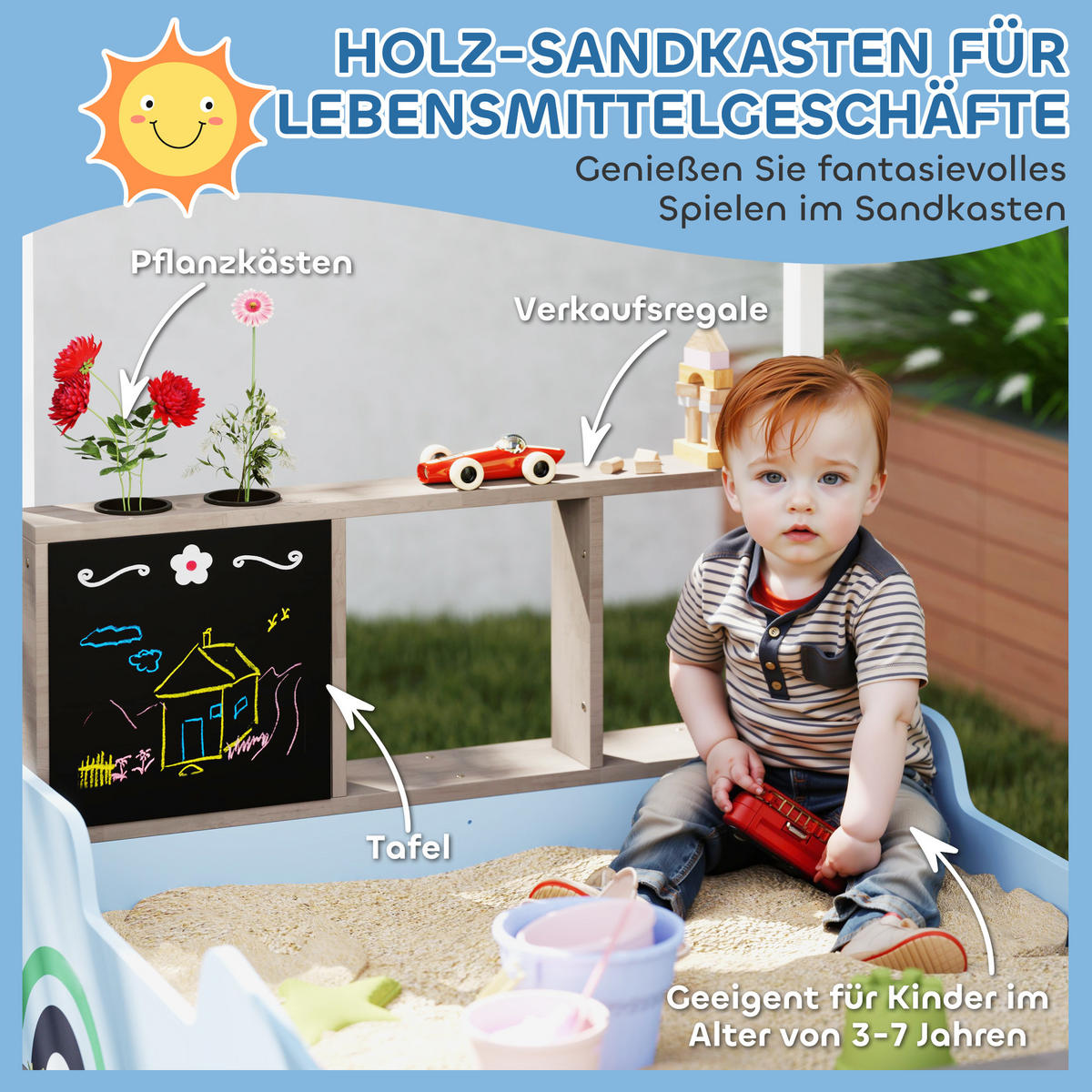 SANDKASTEN mit Dach, 90 x 108 cm Sandkiste aus Holz Sandbox mit Sitzbank Blau - Blau, Holz (108/90/104cm) - AIYAPLAY