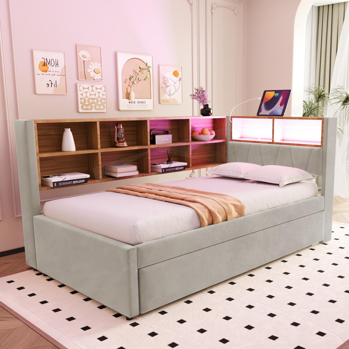 POHOVKA s lůžkem 90/200 cm světle šedá z flanelu s výsuvným lůžkem LED a USB - světle šedá, textil (90/200cm) - OKWISH