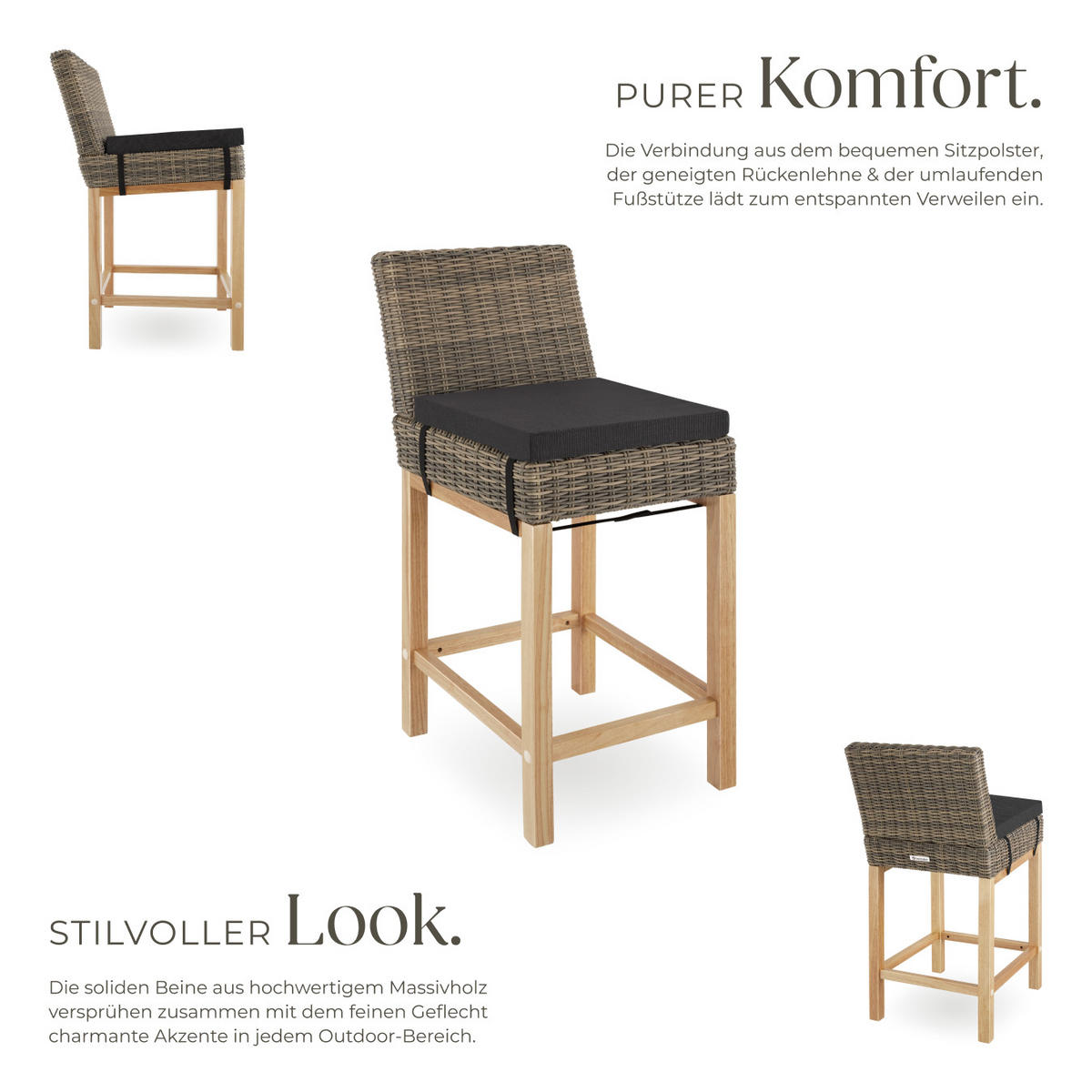 RATTAN-BARSTUHL Latina,inklusive Sitzpolster, 45 x 62,5 x 99 cm,natur - Naturfarben, Kunststoff (45/99/62.5cm) - tectake