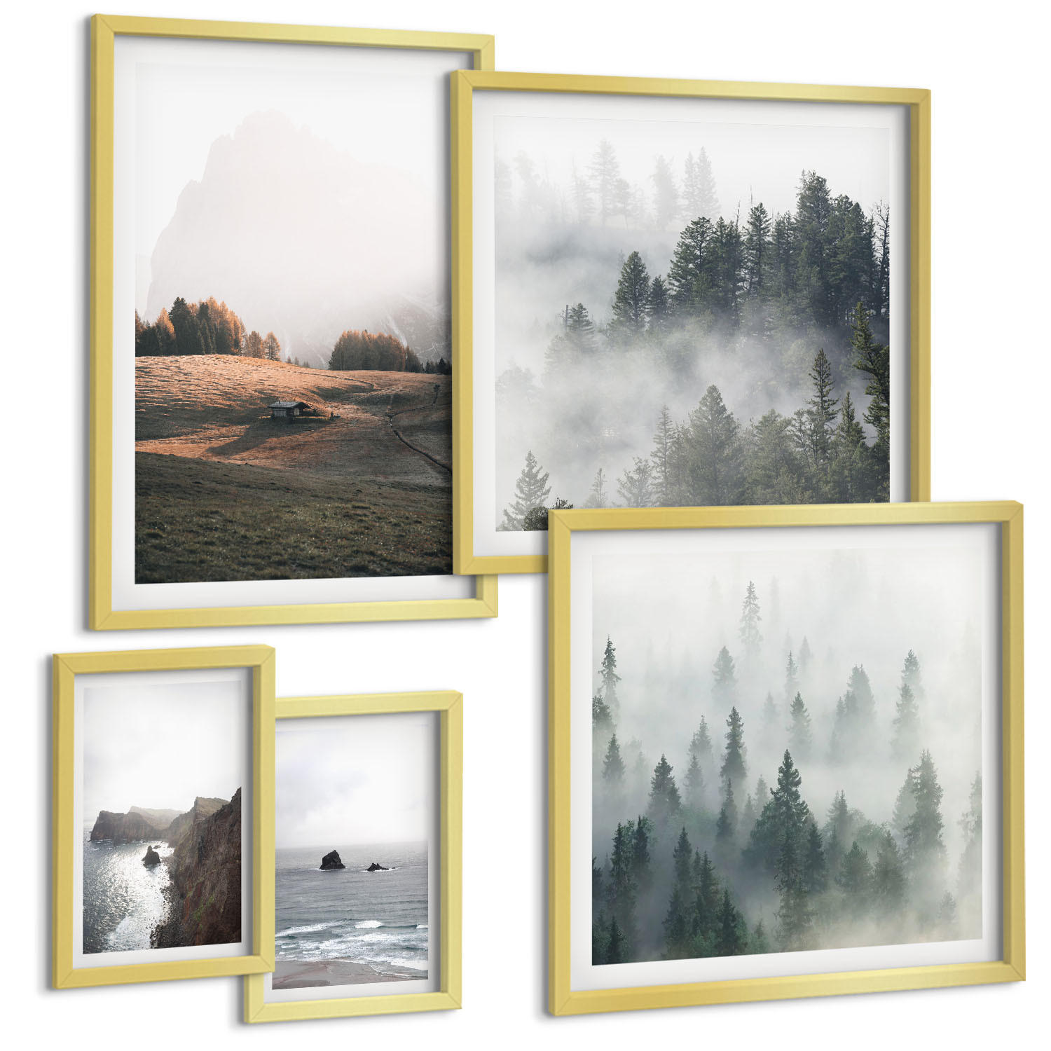 BILDER SET 5er Set - 50x50 cm & 20x30 cm & 40x60 cm Goldrahmen - Landschaften aus Bergen und Meer - Goldfarben, Kunststoff (40/60cm) - TULUP