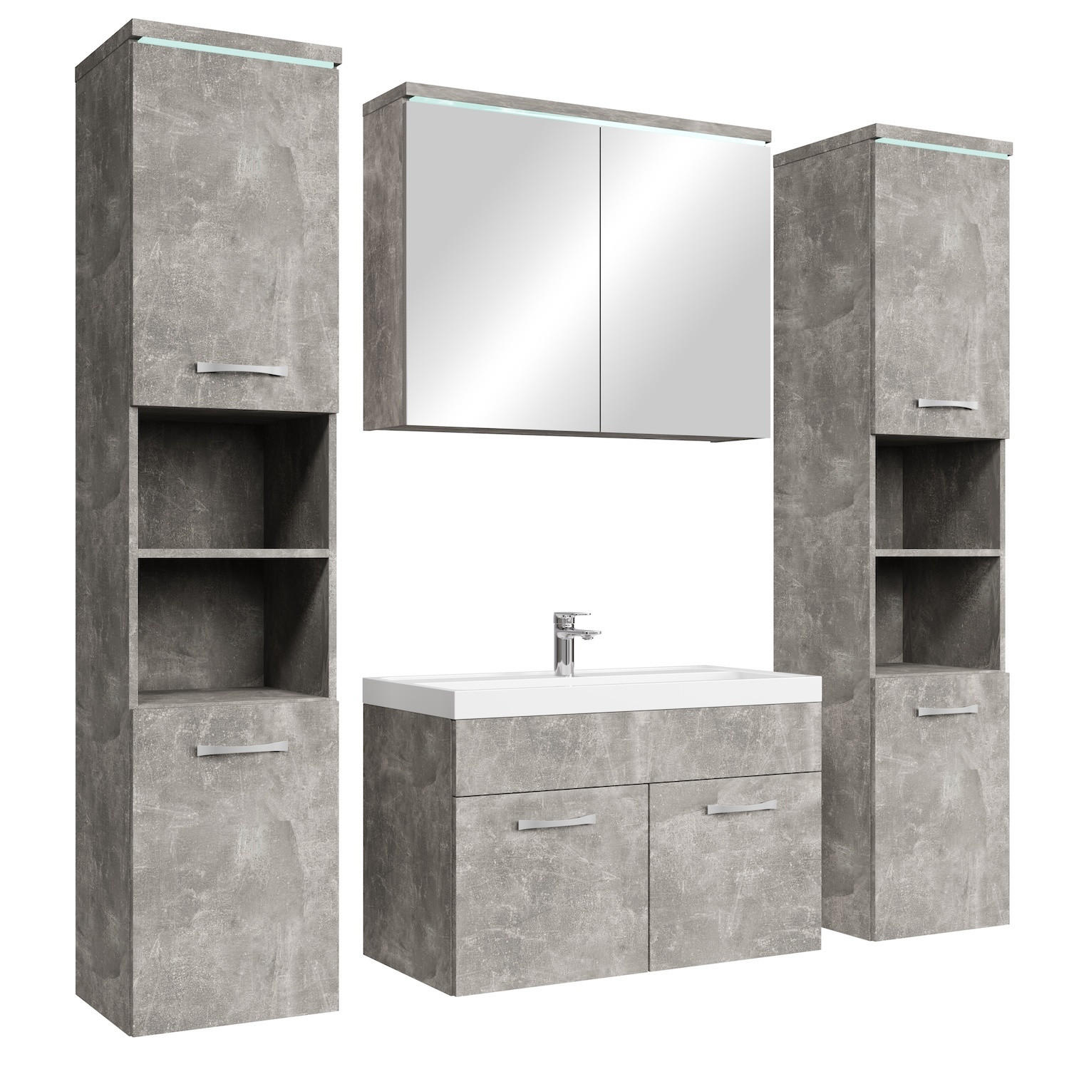 BADMÖBEL-SET Paso LED 5 Teile Beton Grau - 80 x 35 x 55 cm - Schwarz, Holz (80/55/40cm) - Badplaats