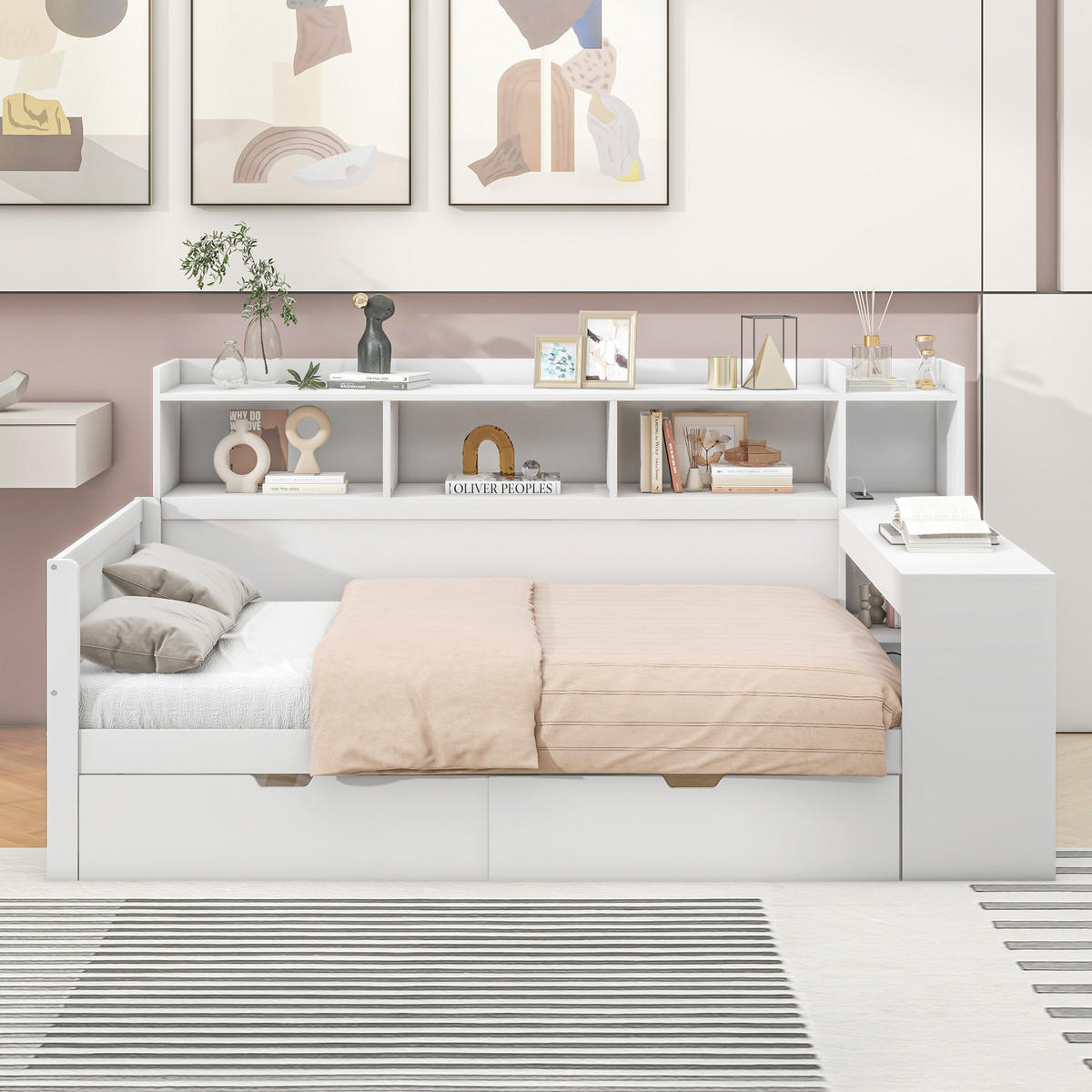 BETT 90/200 cm mit Nachttischablage und USB-Anschluss in Weiß - Weiß, Holzwerkstoff (90/200cm) - OKWISH