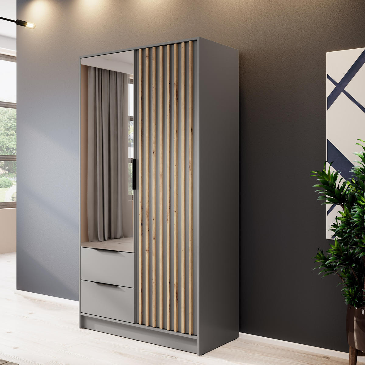 KLEIDERSCHRANK Stilo in Grau, zweitürig, mit Spiegel und Lamellen an der Vorderseite - Schwarz/Eiche Artisan, Holzwerkstoff/Kunststoff (105/200/51cm) - Ravio