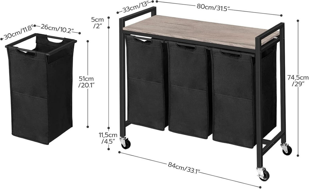 WÄSCHESAMMLER Braun 3 Fächer mit Ablage - Greige/Schwarz, Holzwerkstoff (33/75/84cm) - Hoobro
