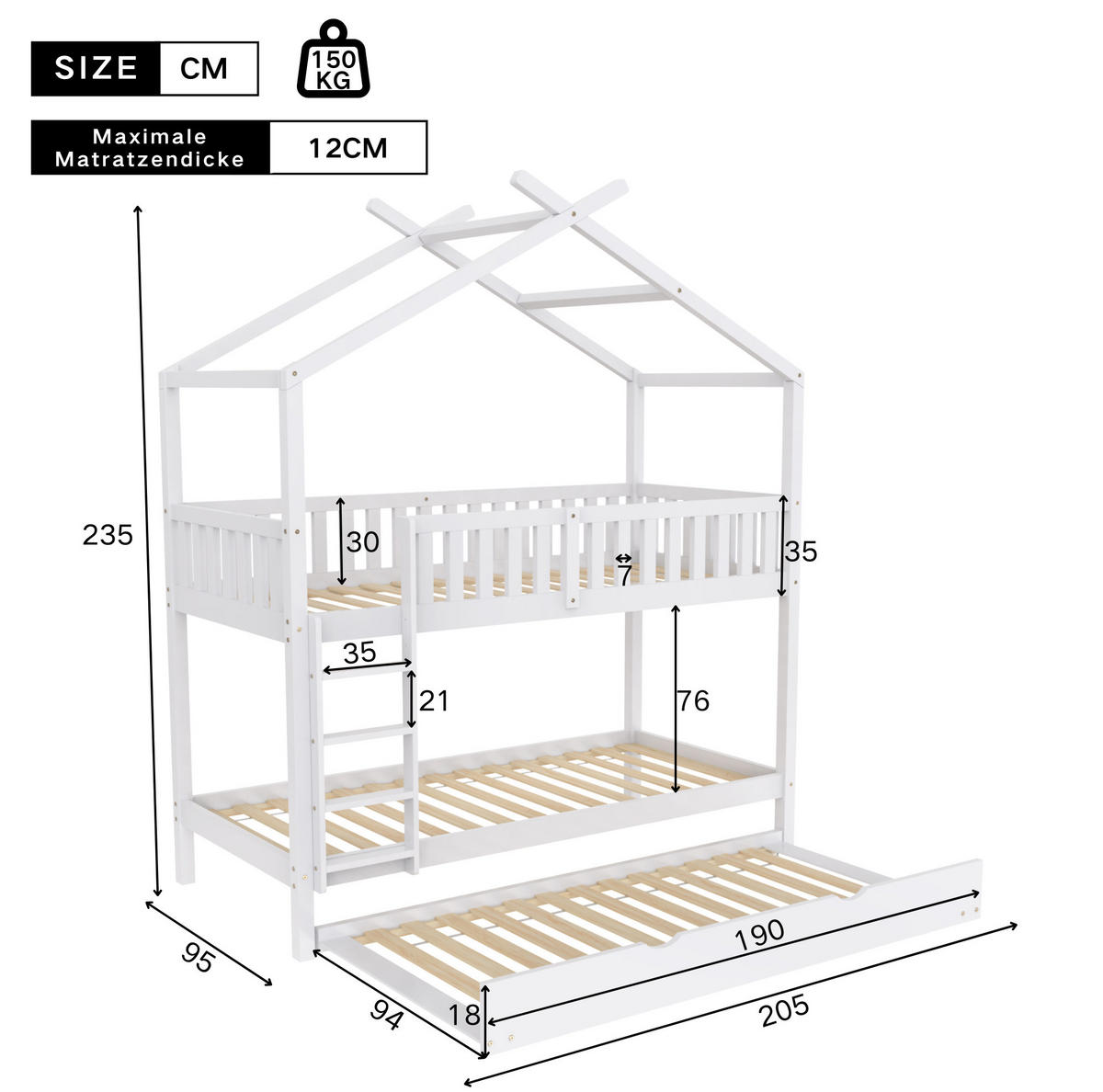 ETAGENBETT aus Kiefernholz 90x200 cm in Weiß mit Ausziehbett - Weiß, Holz (90/200cm) - Modfu