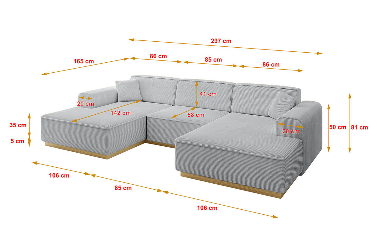 WOHNLANDSCHAFT IREA-U1-v2 - 297x165x81 cm Grau - Grau, Holzwerkstoff/Textil (297/81/165cm) - ALTDECOR