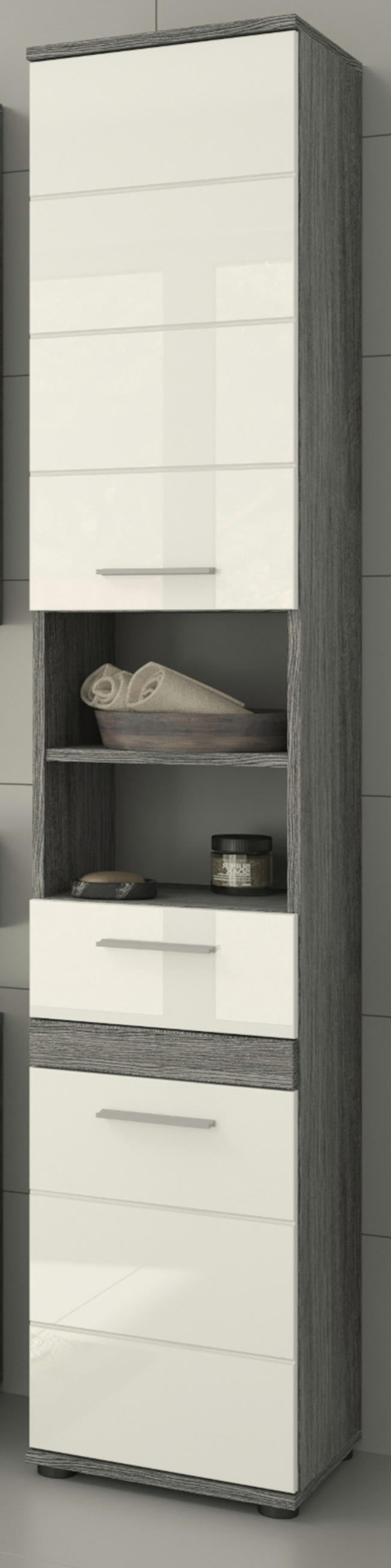HOCHSCHRANK weiß Hochglanz, grau 35 cm, Badschrank mit 6 Fächern - Weiß Hochglanz/Silberfarben, Holzwerkstoff/Kunststoff (35/191/31cm) - Inn.Furn